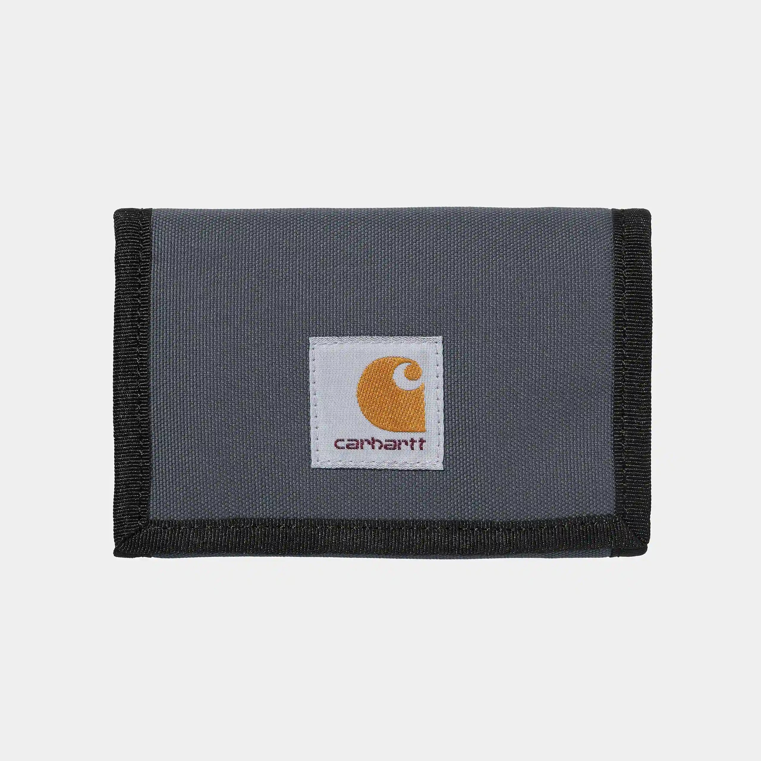 Dunkelgraues Carhartt WIP Alec Wallet aus robustem Material mit mehreren Kartenfächern, Schein- und Münzfach, sowie Logo-Patch.