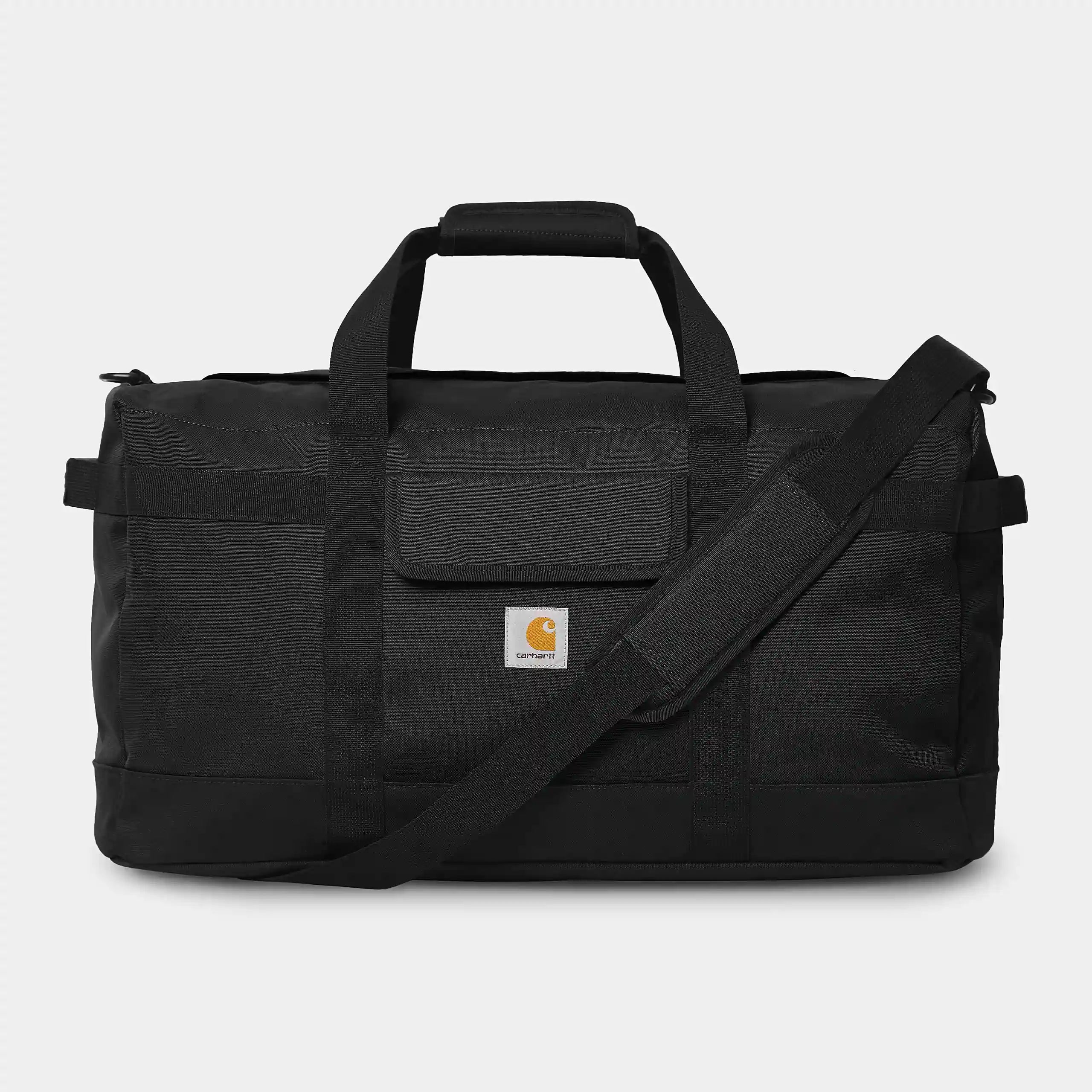 "Carhartt Jack Duffle Bag in Schwarz, robustes Gewebe, große Reisetasche mit Tragegriffen und Schultergurt, Logo-Patch."