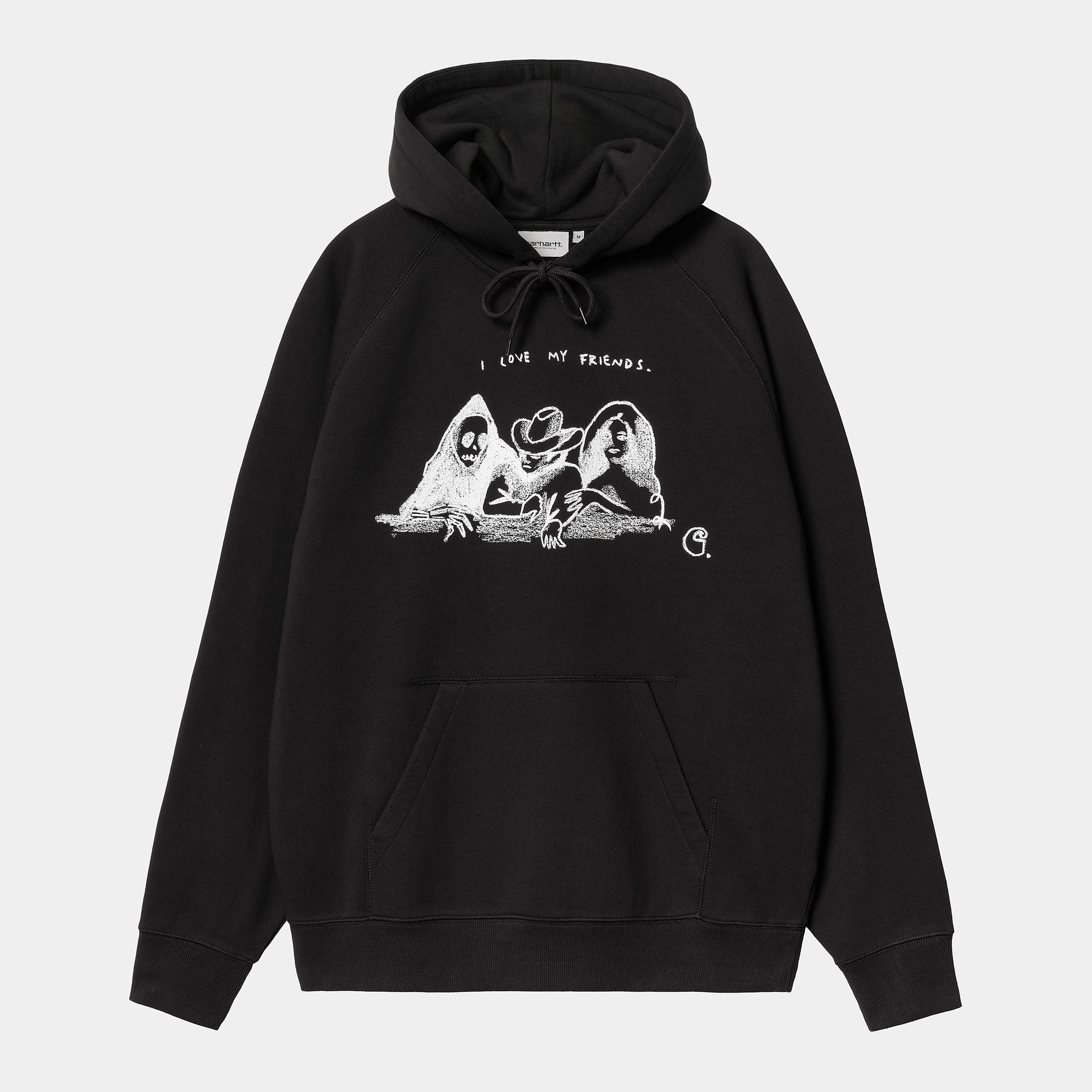 „Schwarzer Carhartt-Hoodie mit weißem Pepe-Friends-Print auf der Brust.“