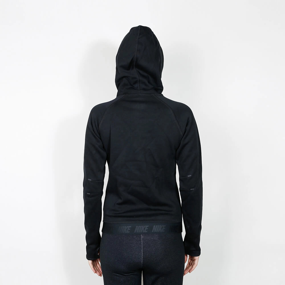 „Schwarzer Nike Sportswear Tech Fleece Funnel Hoodie für Damen mit Trichterkragen, Kapuze und Reißverschlusstasche am Ärmel bei Stickabush Berlin.“