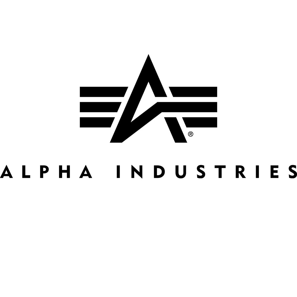 „Alpha Industries Logo in Schwarz auf weißem Hintergrund, ikonisches Markenlogo.“