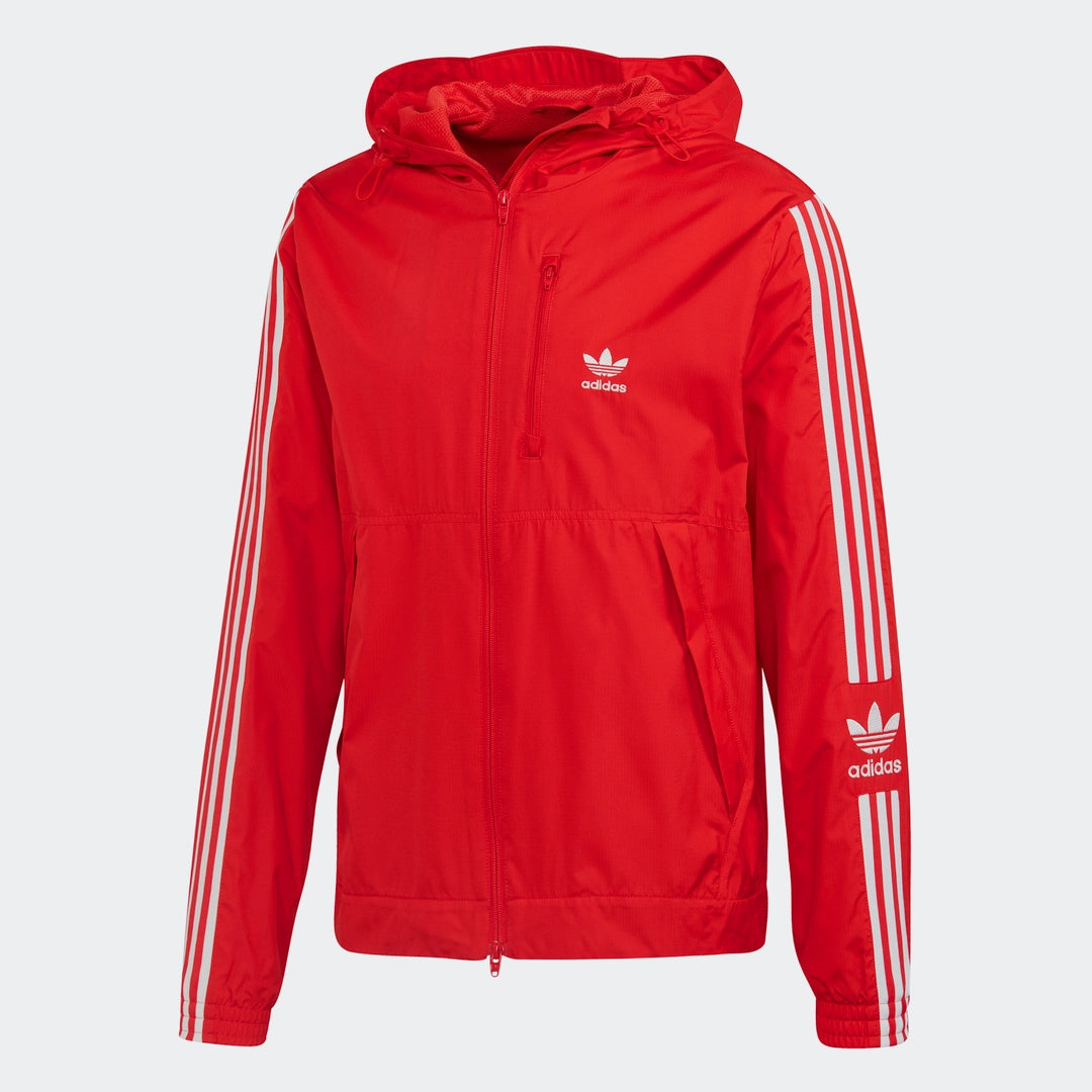 “Leuchtend rote Adidas Lock Up Windbreaker Jacke. Leichtes, wasserabweisendes Material, durchgehender Reißverschluss, hoher Kragen, seitliche Reißverschlusstaschen, kleines Adidas Trefoil Logo auf der Brust.“