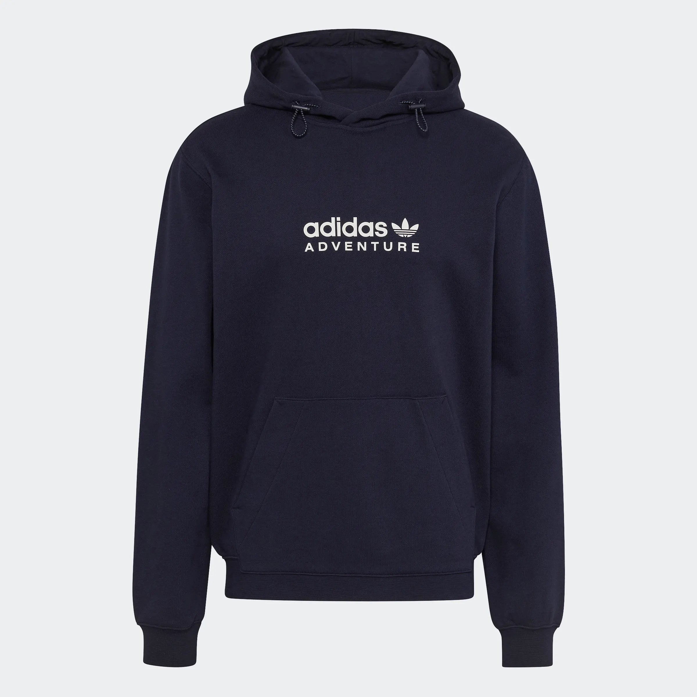 "Marineblauer Adidas ADV Kapuzenpullover aus weichem Material. Verstellbare Kapuze mit Kordelzug, Kängurutasche, kleines Adidas Logo auf der Brust."