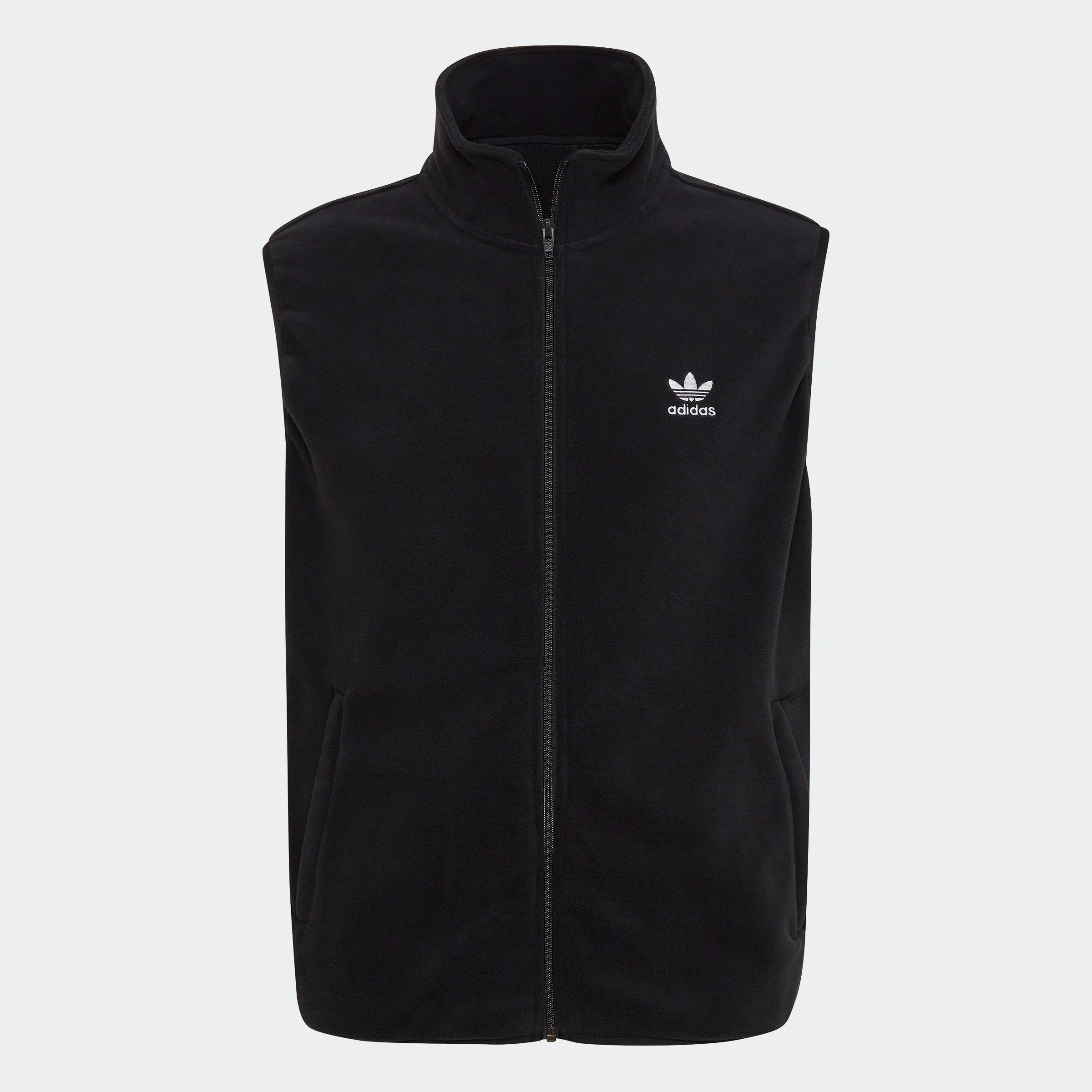 "Schwarze Adidas Fleeceweste mit weißen 3-Streifen an den Seiten. Ärmellos, durchgehender Reißverschluss, Stehkragen. Weiches Fleece-Material."