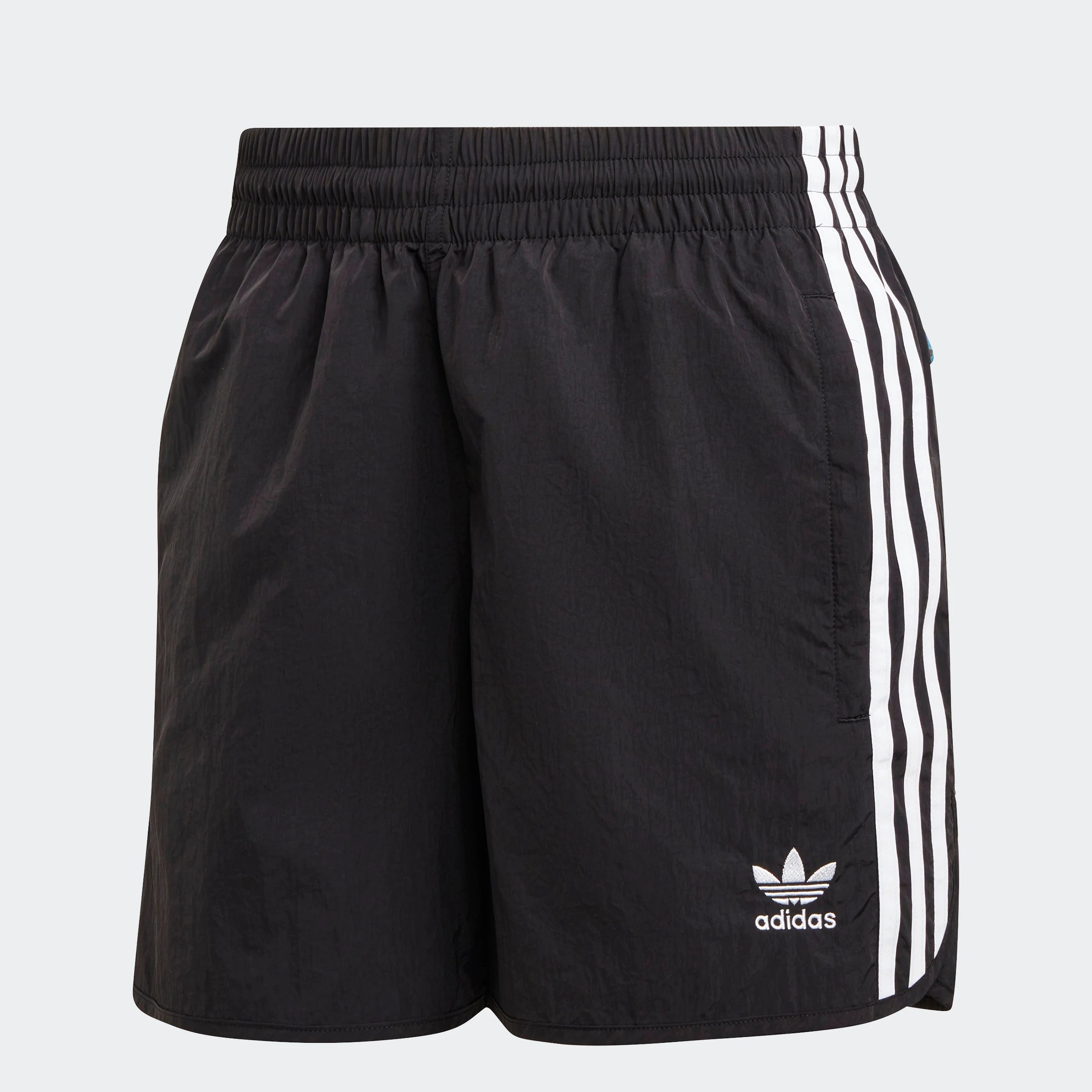 "Schwarze Adidas Sprinter Shorts mit weißen seitlichen Streifen. Kurze, sportliche Hose mit elastischem Bund und kleinem Adidas Logo am Bein."