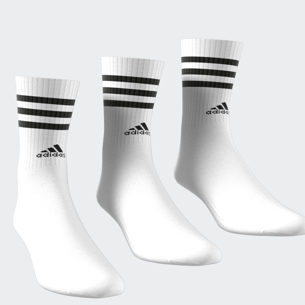 “Adidas 3-Stripes Cushioned Crew Socks 3er Pack in White. Bequeme und stylische Tennissocken die perfekt zu Retro Sneaker passen.“