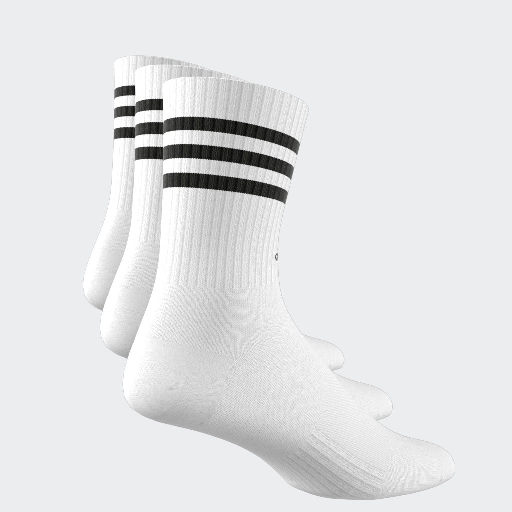 “Adidas 3-Stripes Cushioned Crew Socks 3er Pack in White. Bequeme und stylische Tennissocken die perfekt zu Retro Sneaker passen.“