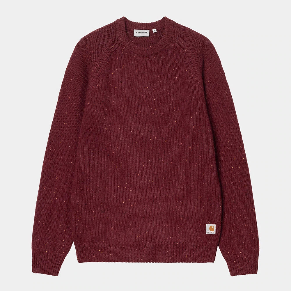Carhartt WIP Anglistic Sweater – Speckled Malbec. Gesprenkelter, weinroter Pullover aus Wolle-Baumwoll-Mix, mit Rundhals und Rippstrickbündchen.