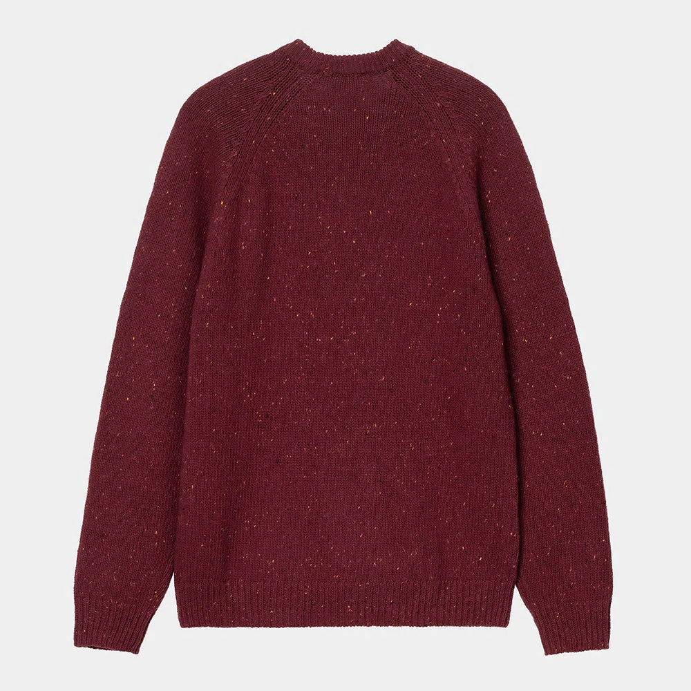 Carhartt WIP Anglistic Sweater – Speckled Malbec. Gesprenkelter, weinroter Pullover aus Wolle-Baumwoll-Mix, mit Rundhals und Rippstrickbündchen.