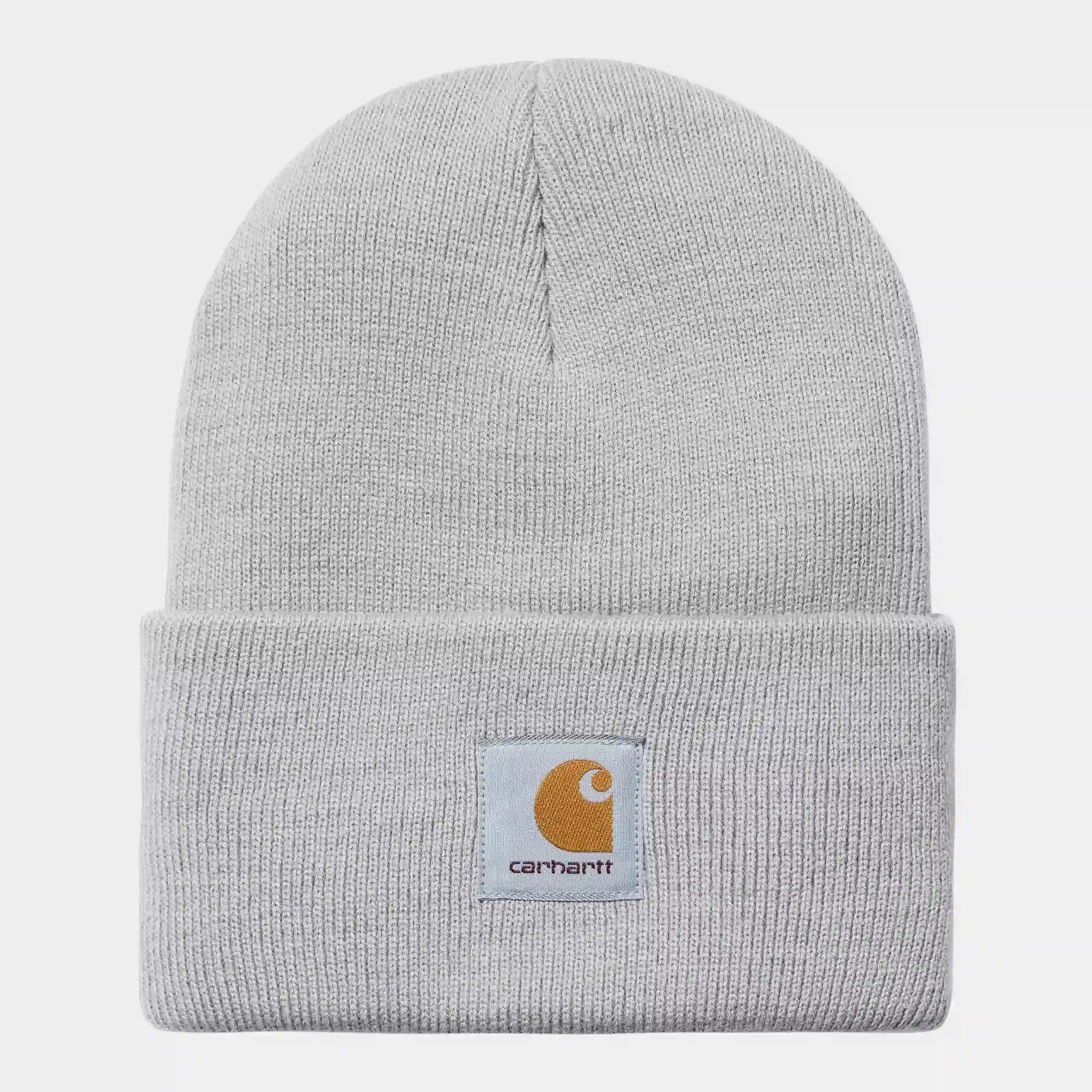 Carhartt WIP Acrylic Watch Hat in Sonic Silver, hellgraue Beanie mit Rippstrick-Struktur, Umschlag und quadratischem Carhartt-Logo.