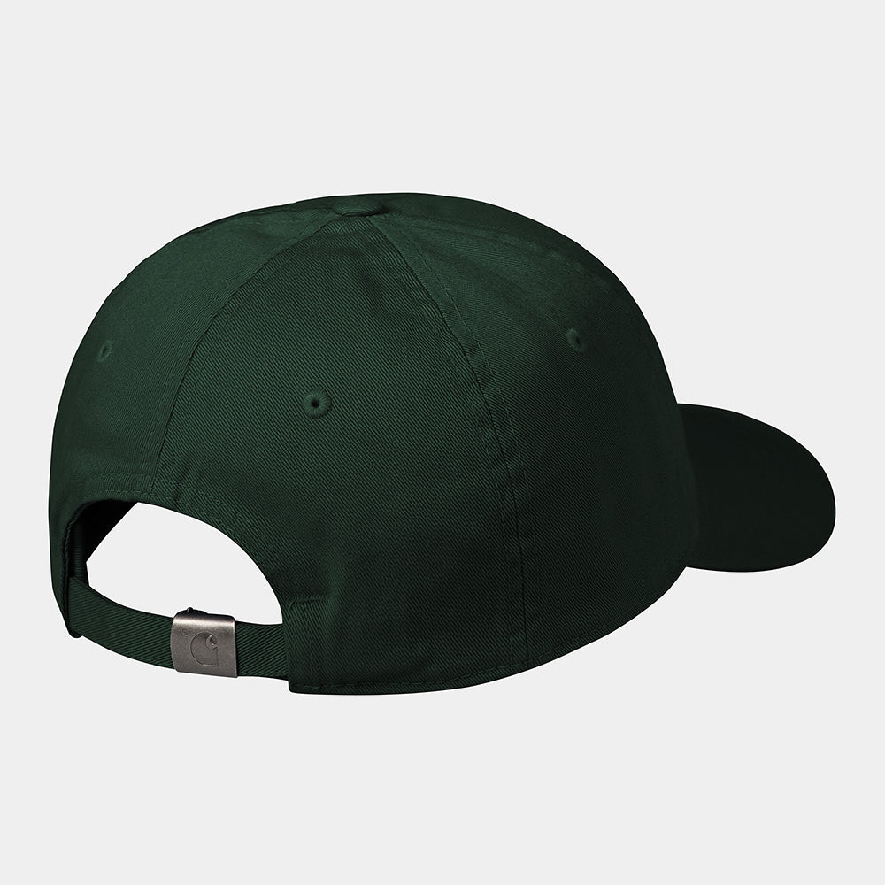 "Die Carhartt Work in Progress Madison Logo Cap in Conifer/White besticht durch ihre dunkelgrüne Farbe, die geschwungene Krempe und die dezente weiße Stickerei. Vor einem schlichten weißen Hintergrund bietet sie die perfekte Mischung aus Stil und Schlichtheit für einen ultimativen Streetwear-Look."