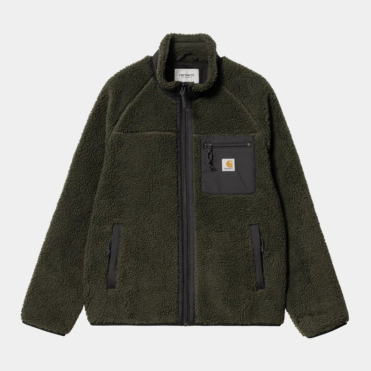 Carhartt WIP Prentis Liner in Cypress / Black – Vorderansicht der olivegrünen Fleece-Jacke für Herren mit schwarzen Nylon-Akzenten und Quadrat-Logo.