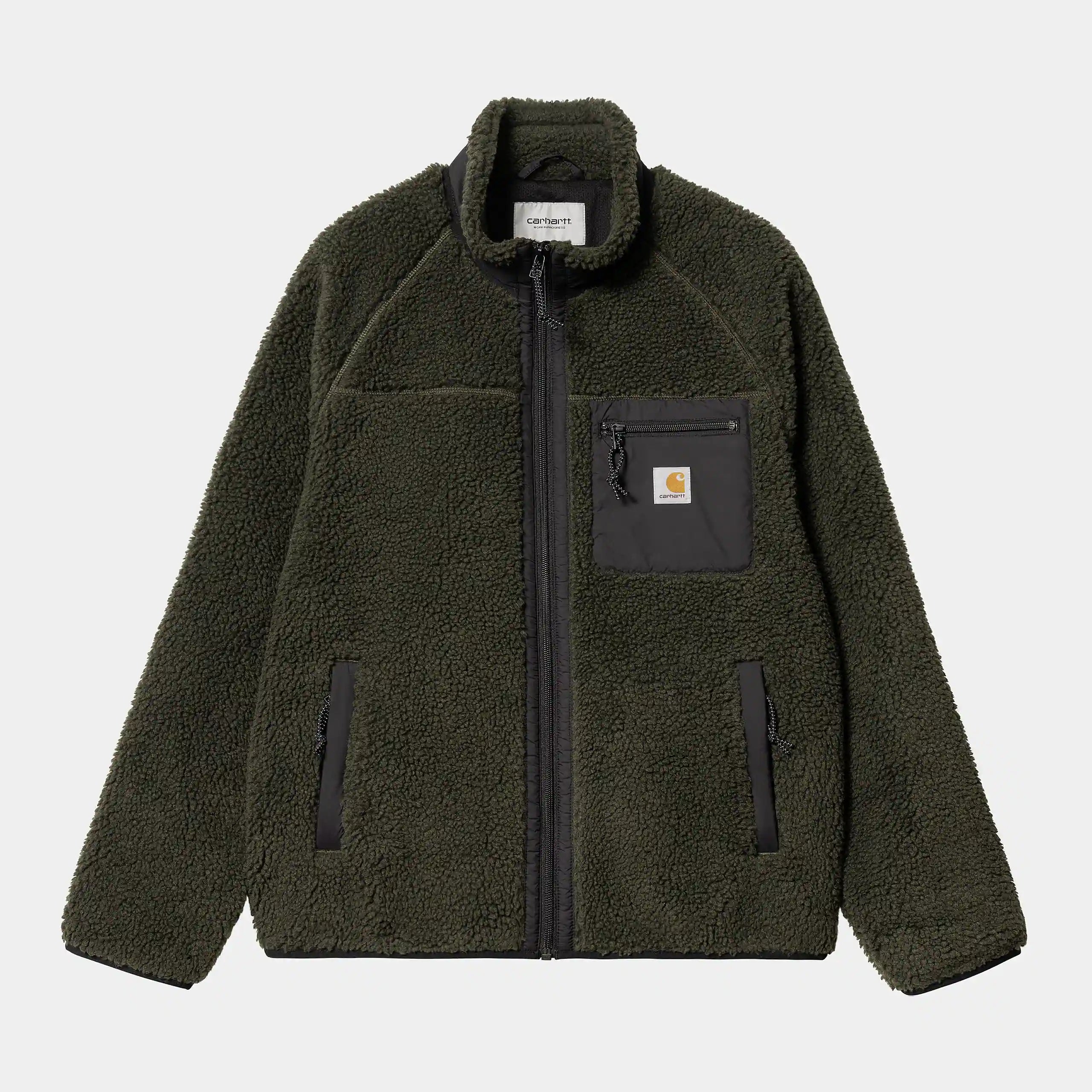 “Carhartt WIP Prentis Liner – Cypress / Black. Grüner Fleece-Liner aus Polyester, mit schwarzem Netzfutter, Reißverschluss und Carhartt WIP Logo auf der Brusttasche.“