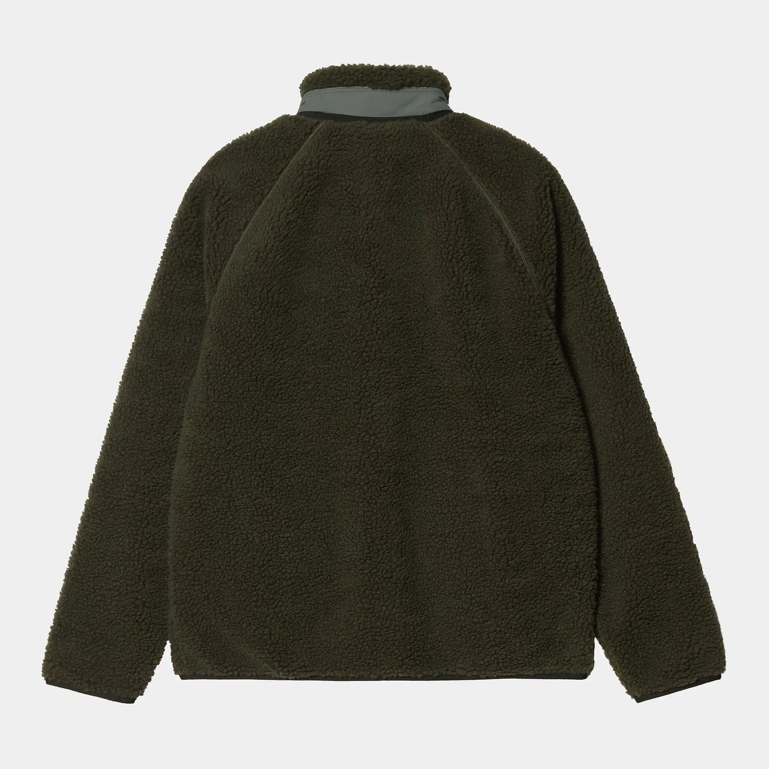 Carhartt WIP Prentis Liner – Cypress / Thyme. Grün-beigefarbene Fleecejacke aus Teddy-Fleece, mit Reißverschluss, Brusttasche und gesticktem Carhartt WIP Logo.