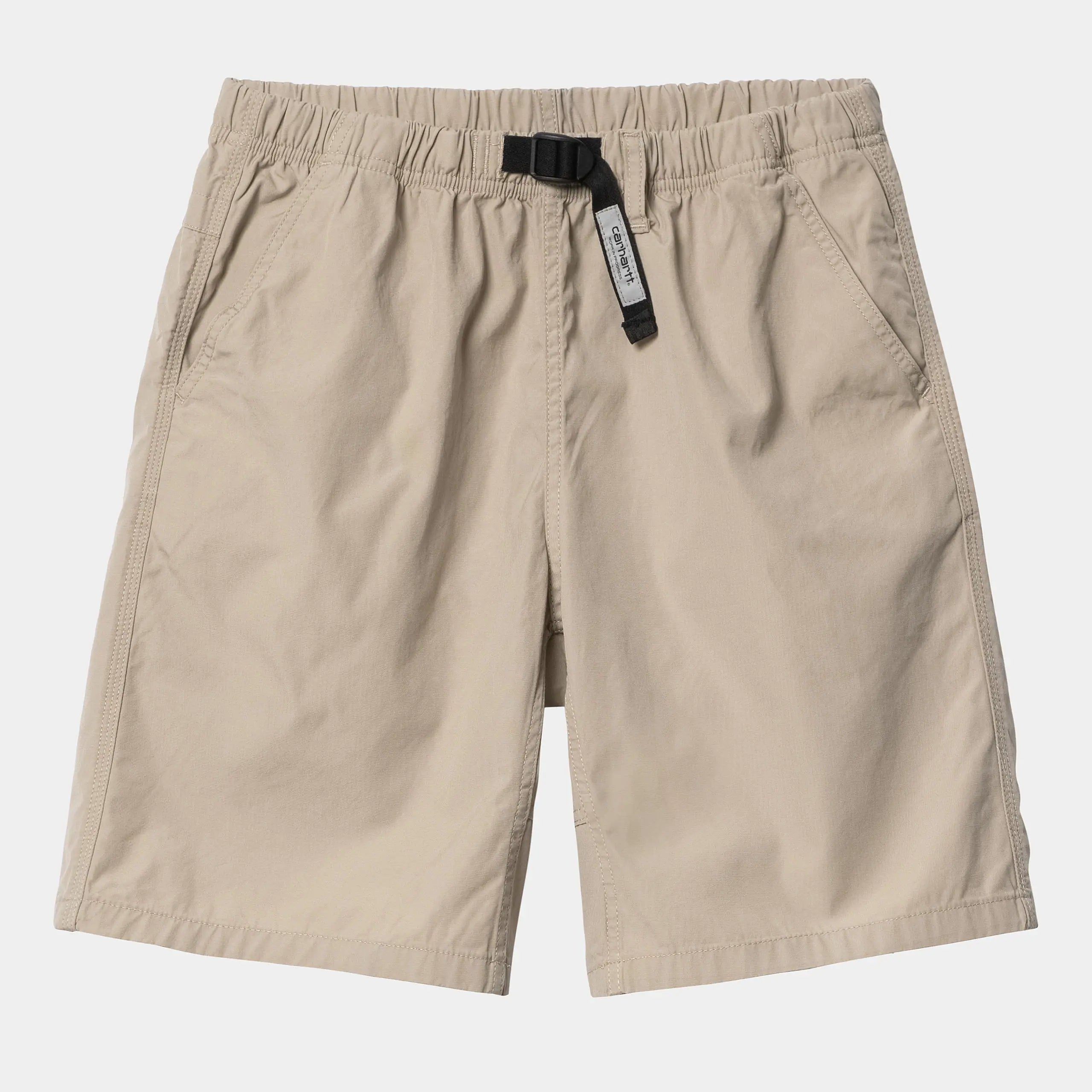 “Carhartt WIP Clover Short – Wall (stone washed). Beige Ripstop-Shorts aus Baumwolle, mit entspanntem Schnitt, Kordelzug und Carhartt WIP Square Label.“