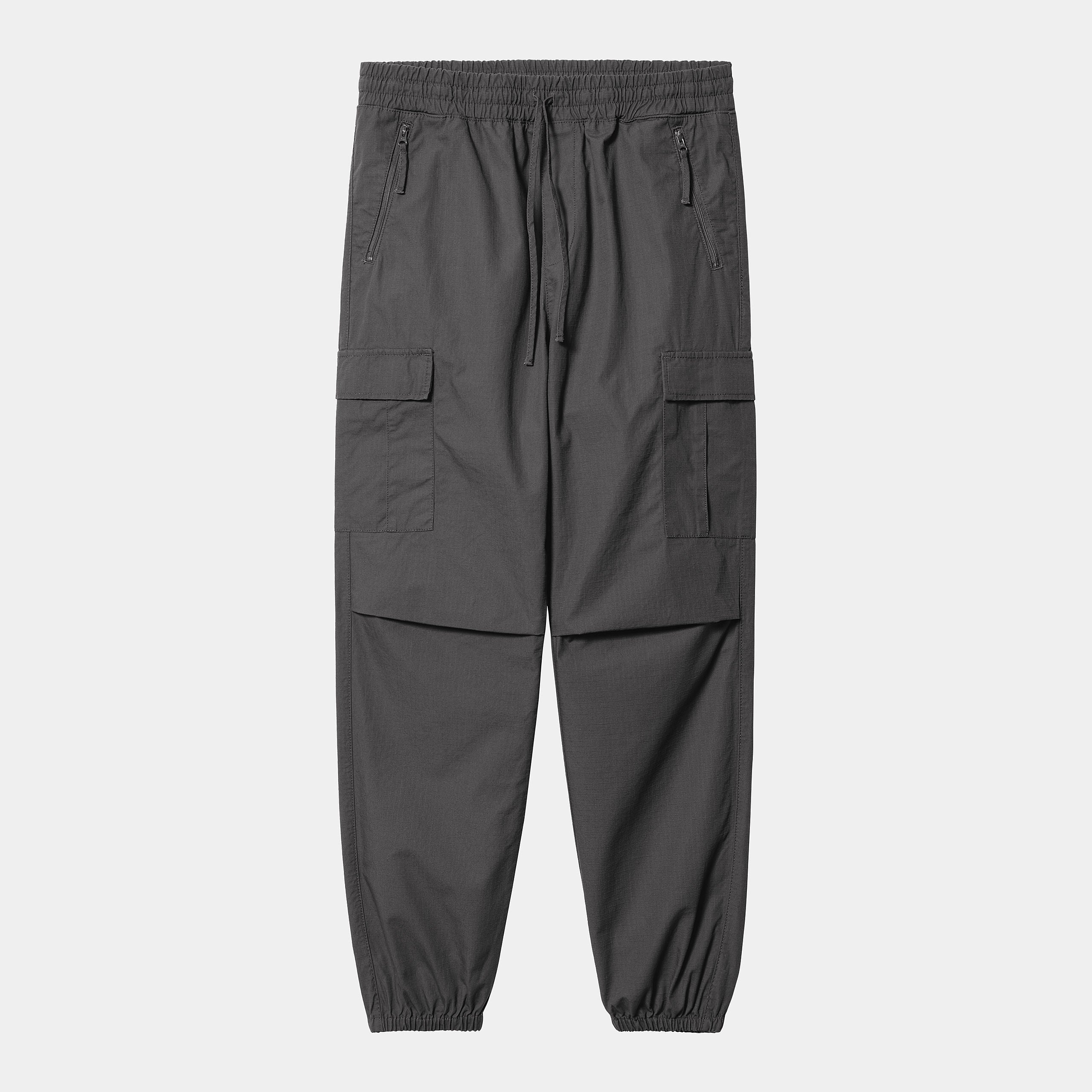 “Anthrazit farbene Carhartt WIP Cargo Jogger aus gewaschenem Baumwoll-Ripstop, mit elastischem Bund und Cargotaschen an den Seiten.“