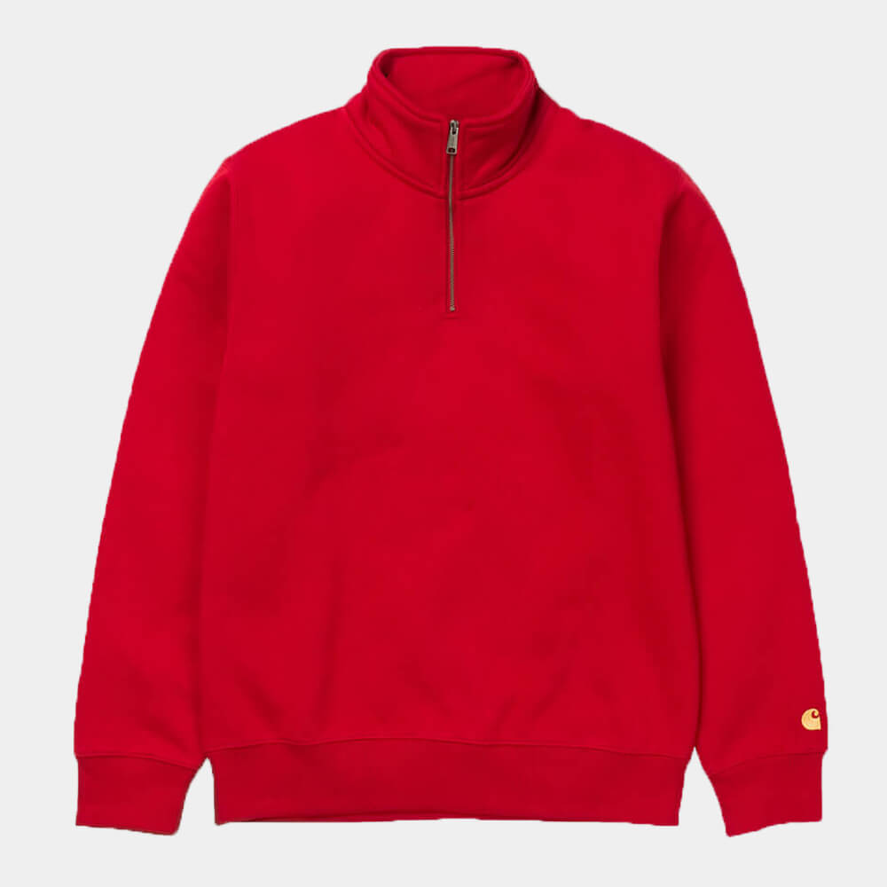 "Carhartt Chase Neck Zip Sweat in Rot/Gold, Baumwollmischung, Raglanärmel, goldene Logo-Stickerei."