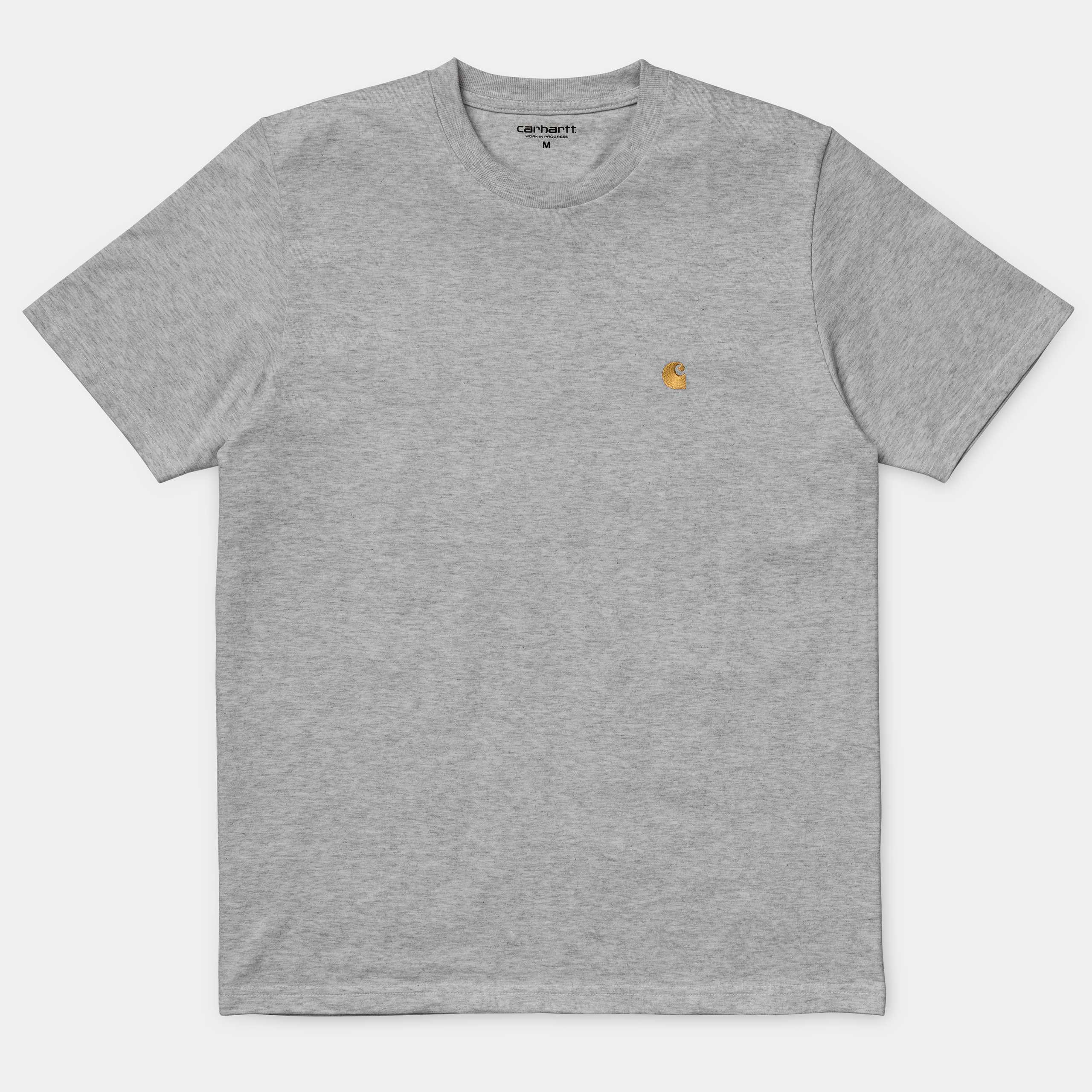 "Carhartt Chase T-Shirt in Grau meliert/Gold, Baumwollmischung, Kurzarm, goldene Logo-Stickerei."