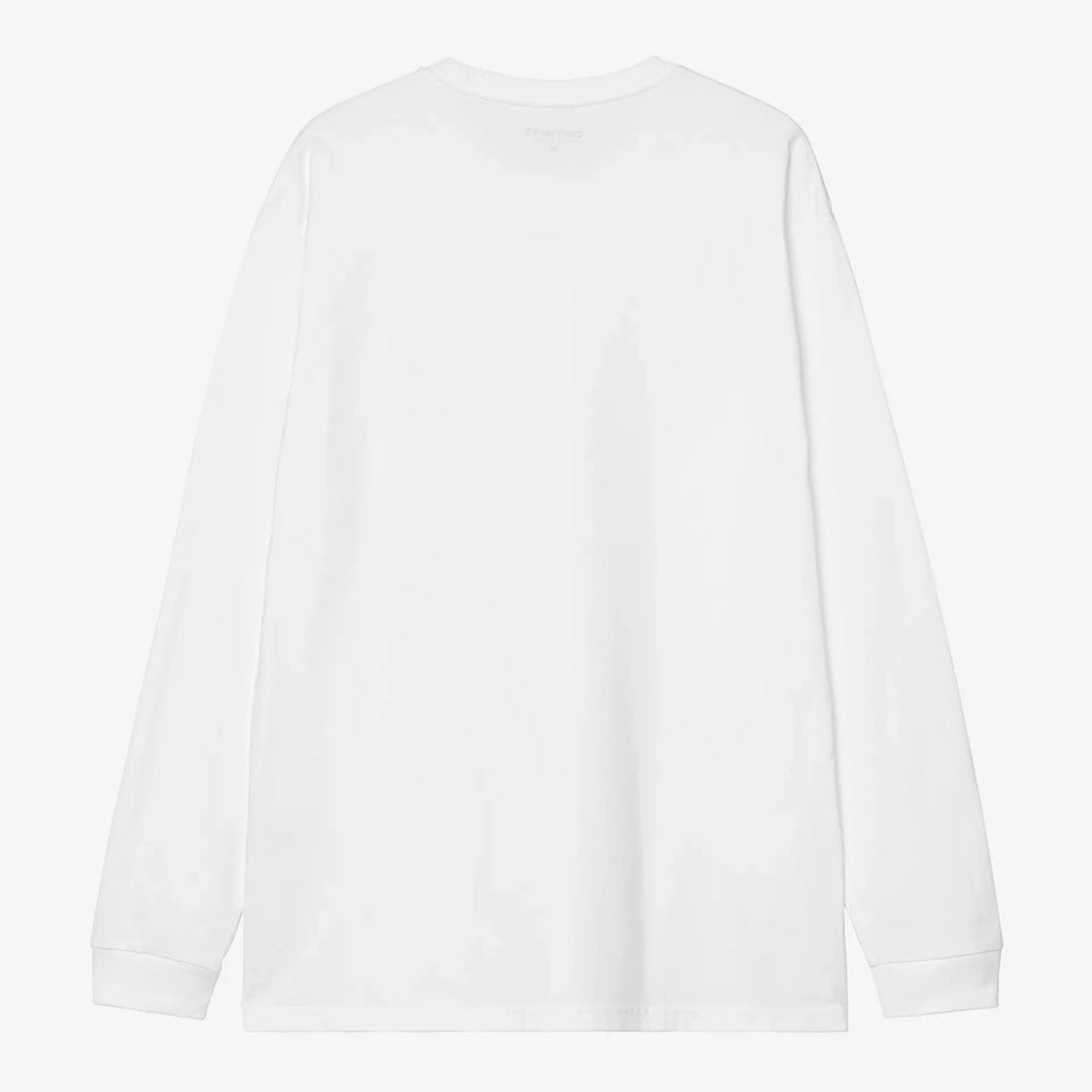 „Weißes Carhartt WIP L/S Chase T-Shirt in White / Gold (I026392) aus schwerem Baumwolljersey mit goldener Logo-Bestickung – Langarm-Klassiker erhältlich bei Stickabush Berlin.“