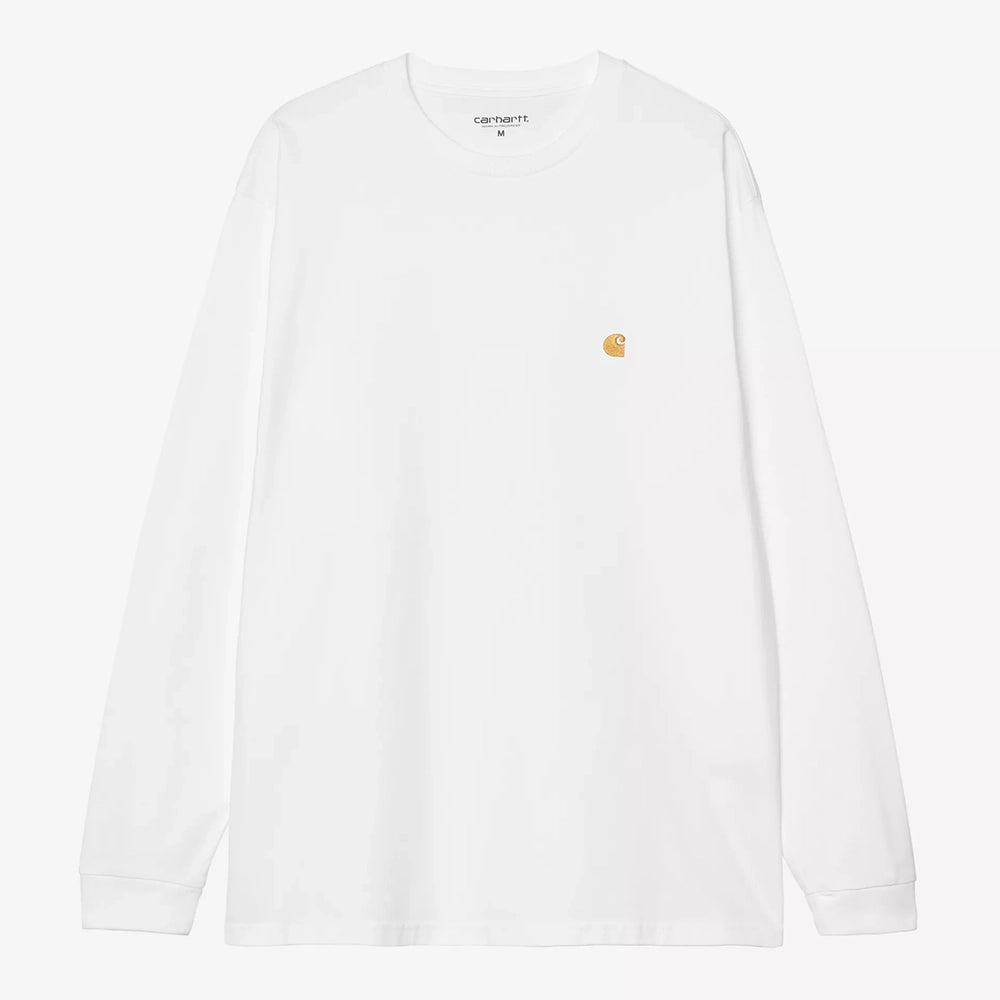 „Weißes Carhartt WIP L/S Chase T-Shirt in White / Gold (I026392) aus schwerem Baumwolljersey mit goldener Logo-Bestickung – Langarm-Klassiker erhältlich bei Stickabush Berlin.“