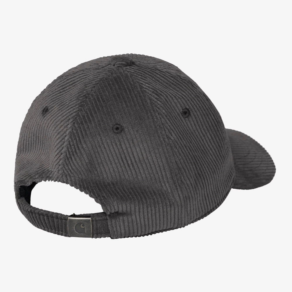 "Carhartt WIP Harlem Cap in Graphite (Dunkelgrau). Baseball-Cap aus Baumwoll-Cord, mit Ton-in-Ton gesticktem Logo."