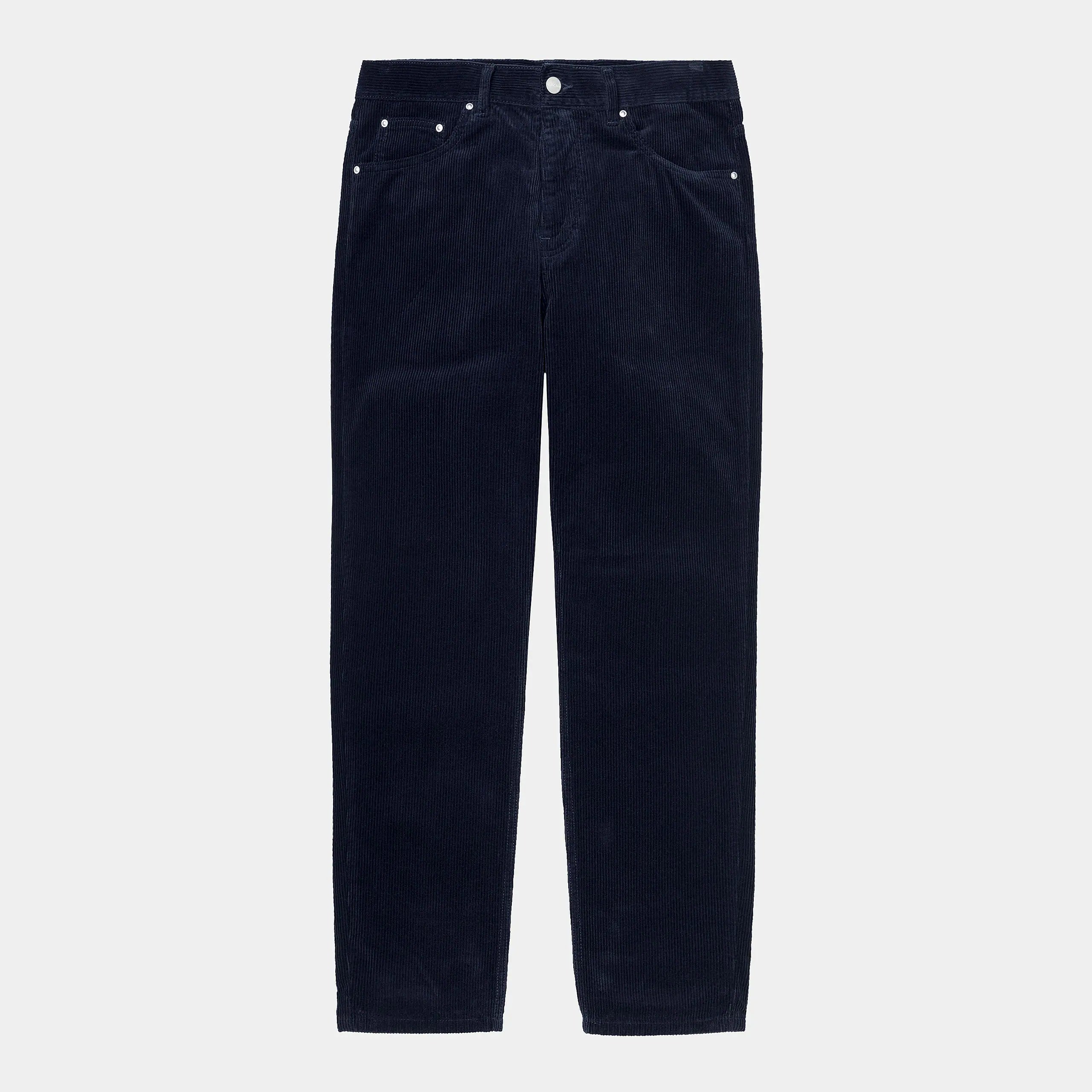 "Carhartt Newel Pant in Dunkelblau (Rinsed), Cordhose aus Baumwolle, lockere Passform, klassische Jeanshose in tiefem Marineblau bei Stickabush Berlin."