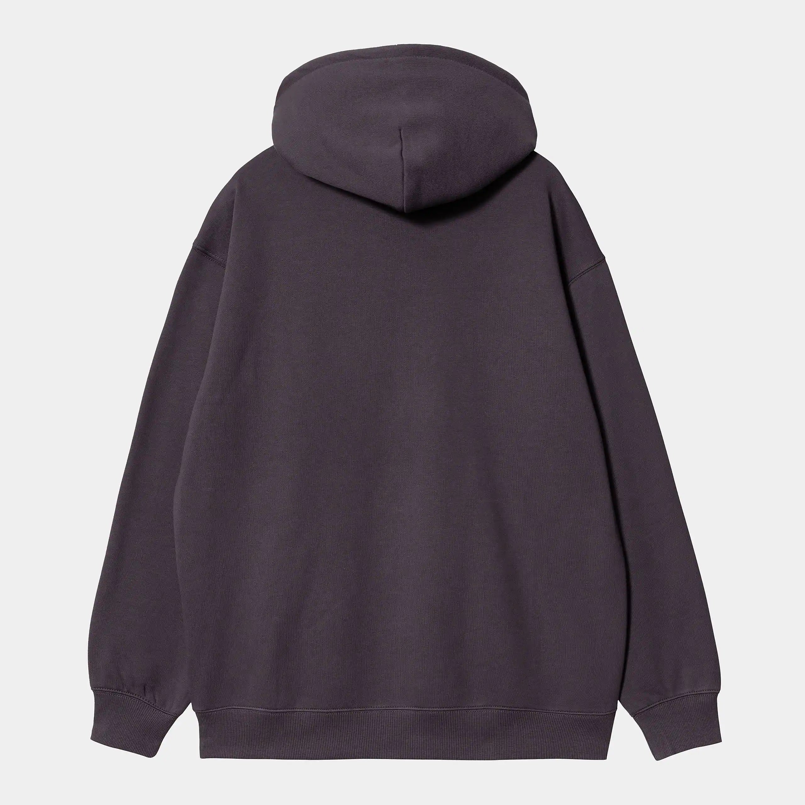 "Carhartt WIP W' Hooded Carhartt Sweatshirt – Artichoke / Misty Sage. Aubergine farbebner Damen-Hoodie aus einem Baumwollgemisch, mit Kapuze und grünem Carhartt WIP Logo-Print auf der Brust."