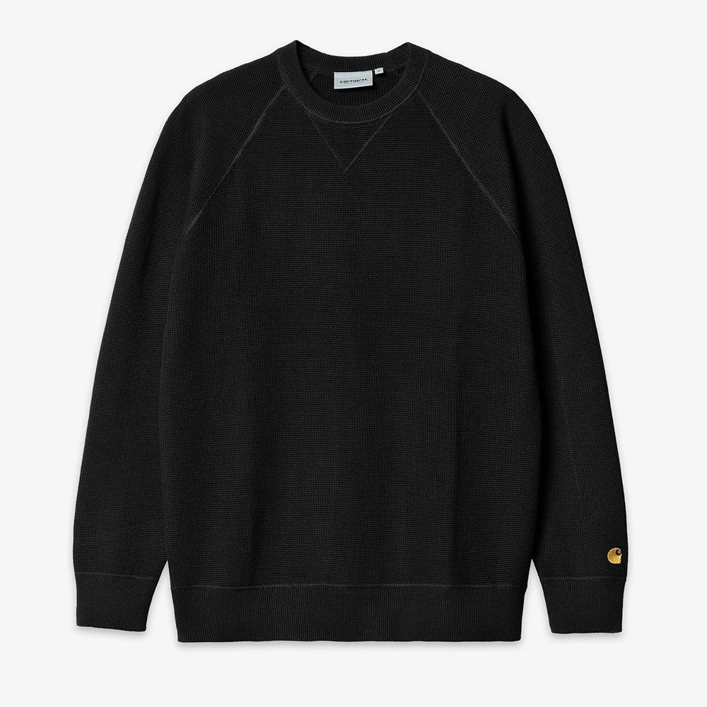 "Carhartt WIP Chase Knit Sweater in Schwarz – hochwertiger Strickpullover mit dezenter Logo-Stickerei auf der Brust, klassischer Schnitt und angenehmer Tragekomfort. Perfekt für Streetwear-Looks und kalte Tage."