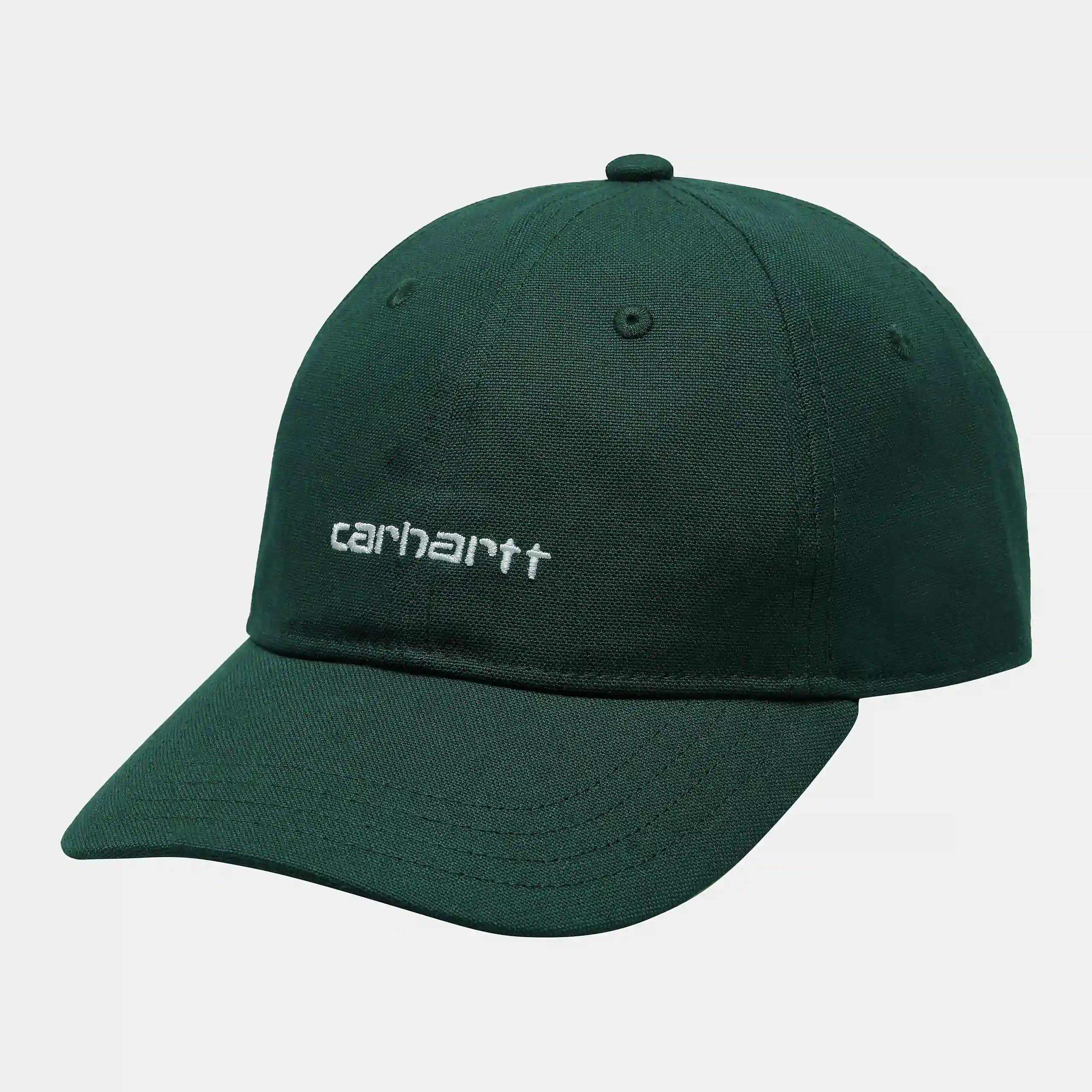 “Grüne Carhartt WIP Canvas Script Cap aus robustem Canvas mit weißem Carhartt Script-Logo auf der Vorderseite.“
