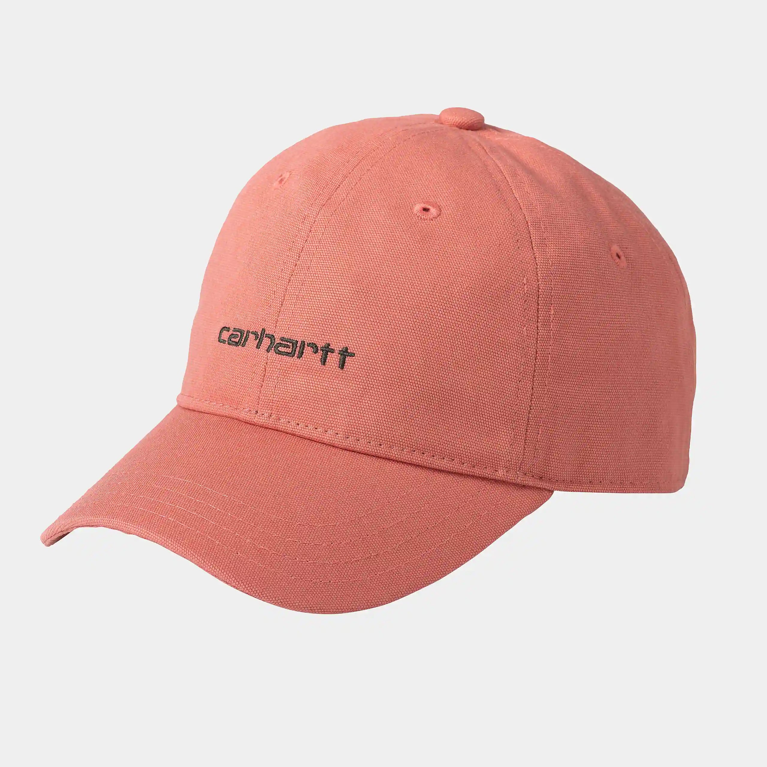 "Carhartt WIP Canvas Script Cap, Misty Blush/Vulcan (zartes Rosa/Dunkelgrau), Canvas, Baseballkappe mit gesticktem Carhartt-Schriftzug und verstellbarem Riemen."