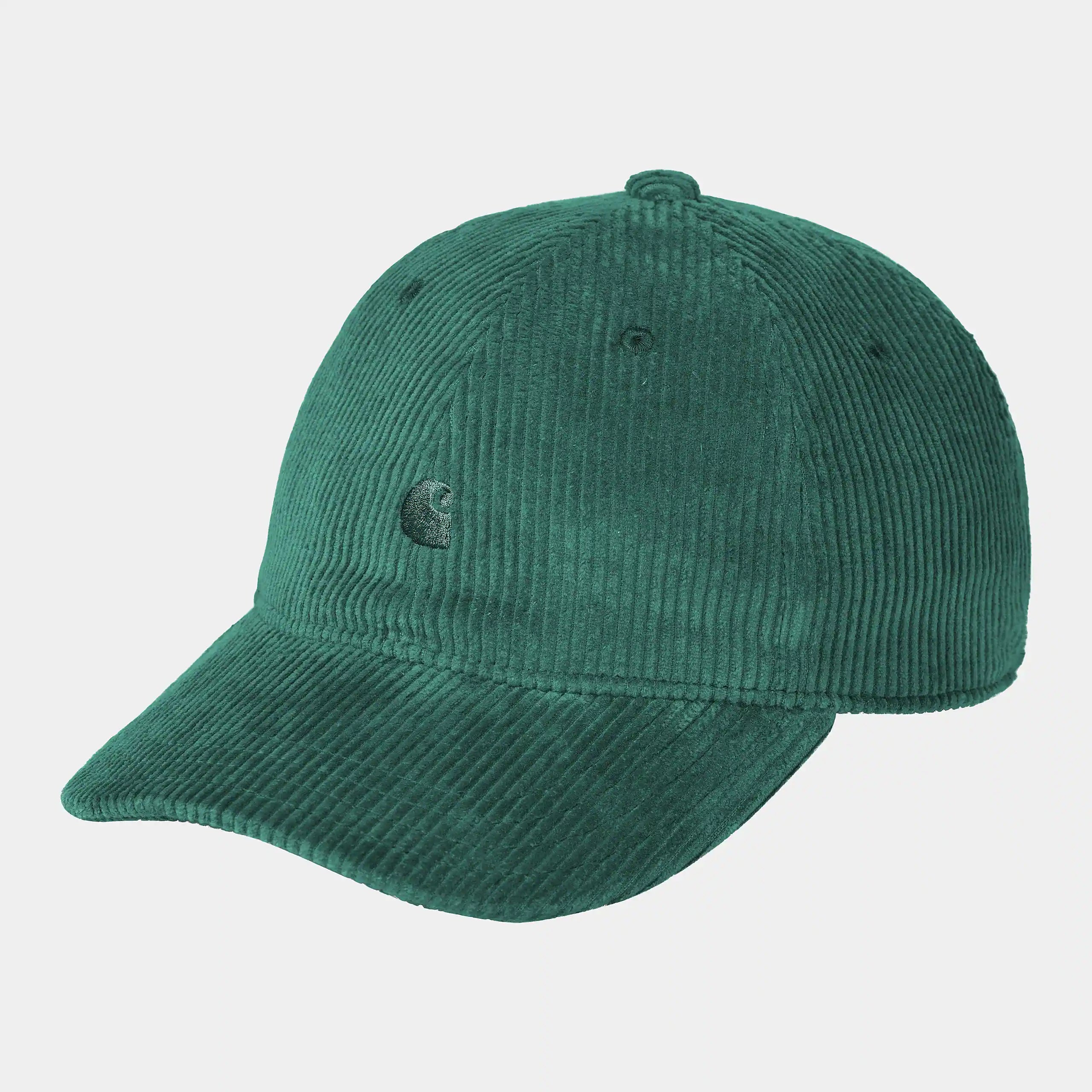 "Carhartt WIP Harlem Cap – Chervil. Helle Baseballkappe aus Baumwoll-Twill, mit gebogenem Schirm und gesticktem, orangefarbenem Carhartt WIP Logo vorne."