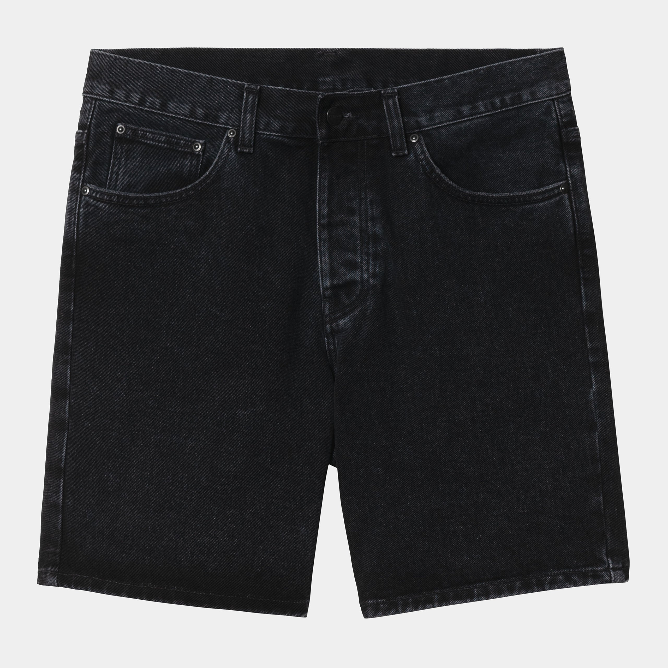 "Carhartt Newel Short in Schwarz (Stone Washed), Baumwolle, lockere Passform, klassische Jeans-Shorts mit leichtem Used-Look."