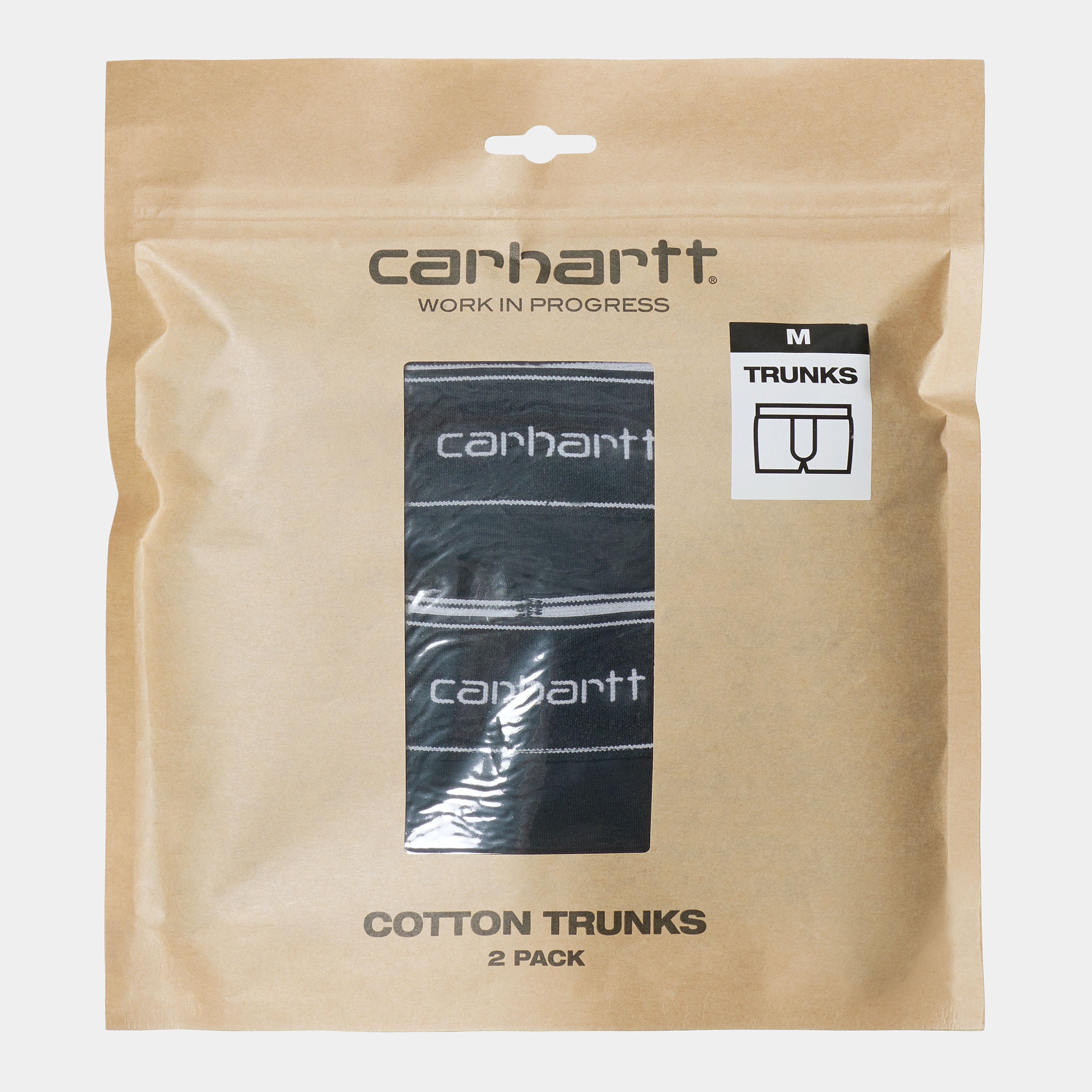 “Zwei schwarze Carhartt WIP Cotton Trunks in Black, aus Baumwolle, mit elastischem Bund und Carhartt WIP Logo bei Stickabush Berlin.“