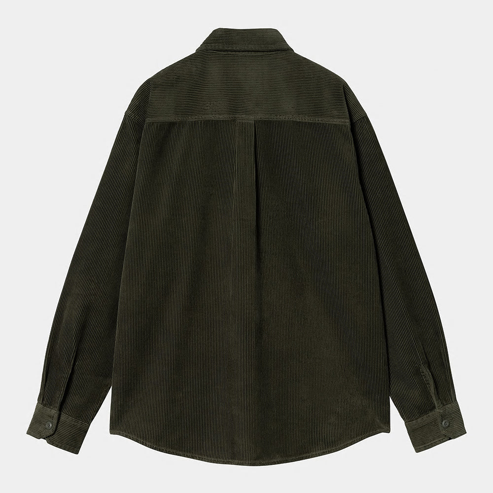 “Carhartt WIP L/S Flint Shirt in Office Green, I029442_666_02, aus robustem Baumwoll-Twill, Hemdjacke mit klassischem Button-down-Kragen und dezentem Logo-Detail.“