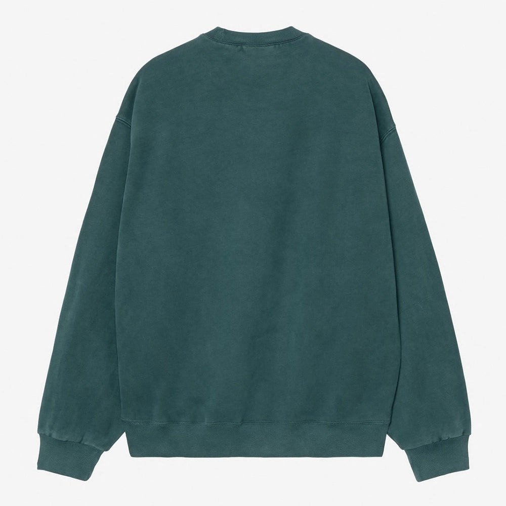 "Petrolfarbenes (Deep Lagoon) Carhartt WIP Vista Crewneck Sweatshirt mit Balloon Fit, angerauter Innenseite und tonal überfärbtem Logo-Patch bei Stickabush Berlin.“