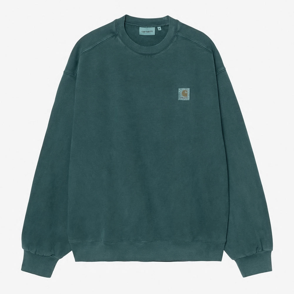 "Petrolfarbenes (Deep Lagoon) Carhartt WIP Vista Crewneck Sweatshirt mit Balloon Fit, angerauter Innenseite und tonal überfärbtem Logo-Patch bei Stickabush Berlin.“