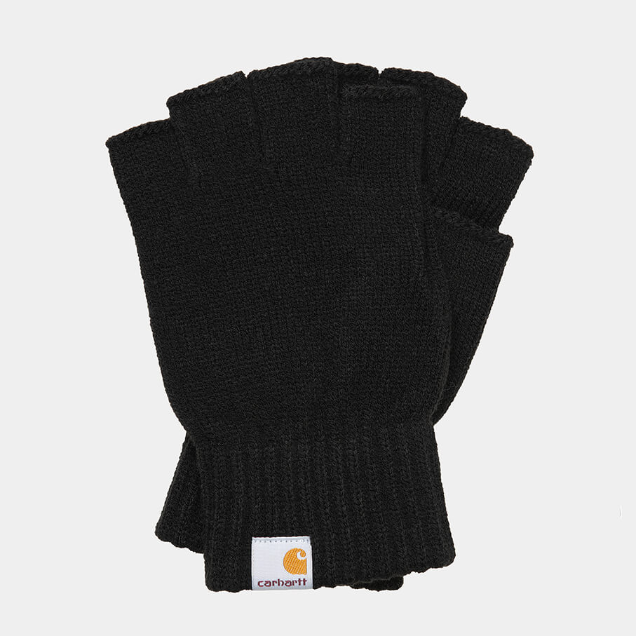 “Schwarze Carhartt WIP Mitten Gloves aus Acrylic ohne Fingerabdeckung und Logo-Patch an den Fäustlingen.“