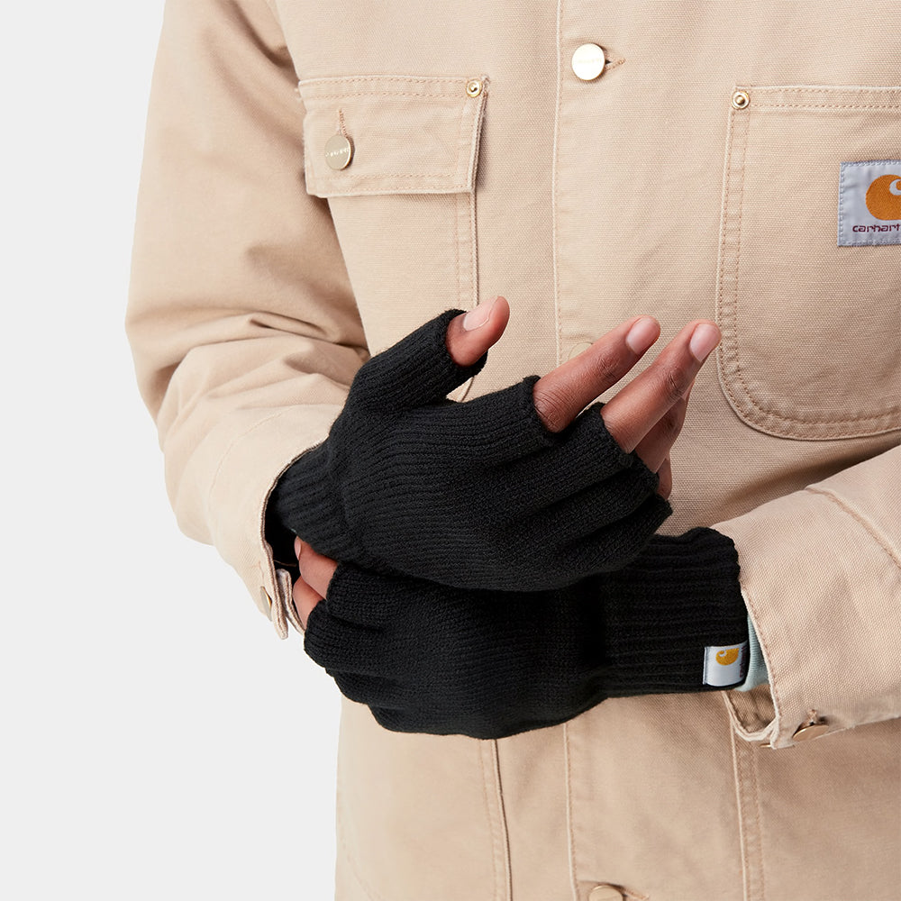 “Schwarze Carhartt WIP Mitten Gloves aus Acrylic ohne Fingerabdeckung und Logo-Patch an den Fäustlingen.“