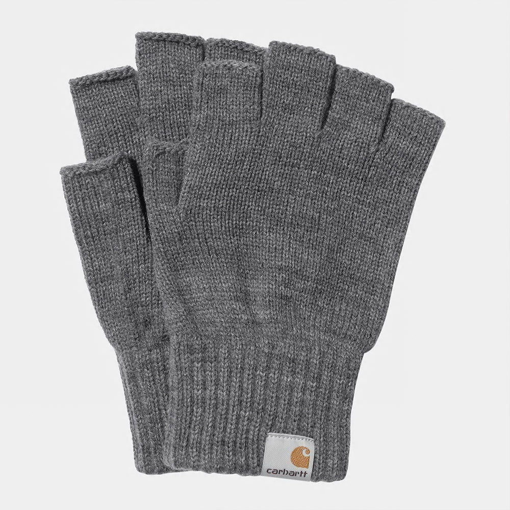 “Graue Carhartt WIP Mitten Gloves aus Fleece ohne Fingerabdeckung und Logo-Patch an den Fäustlingen.“