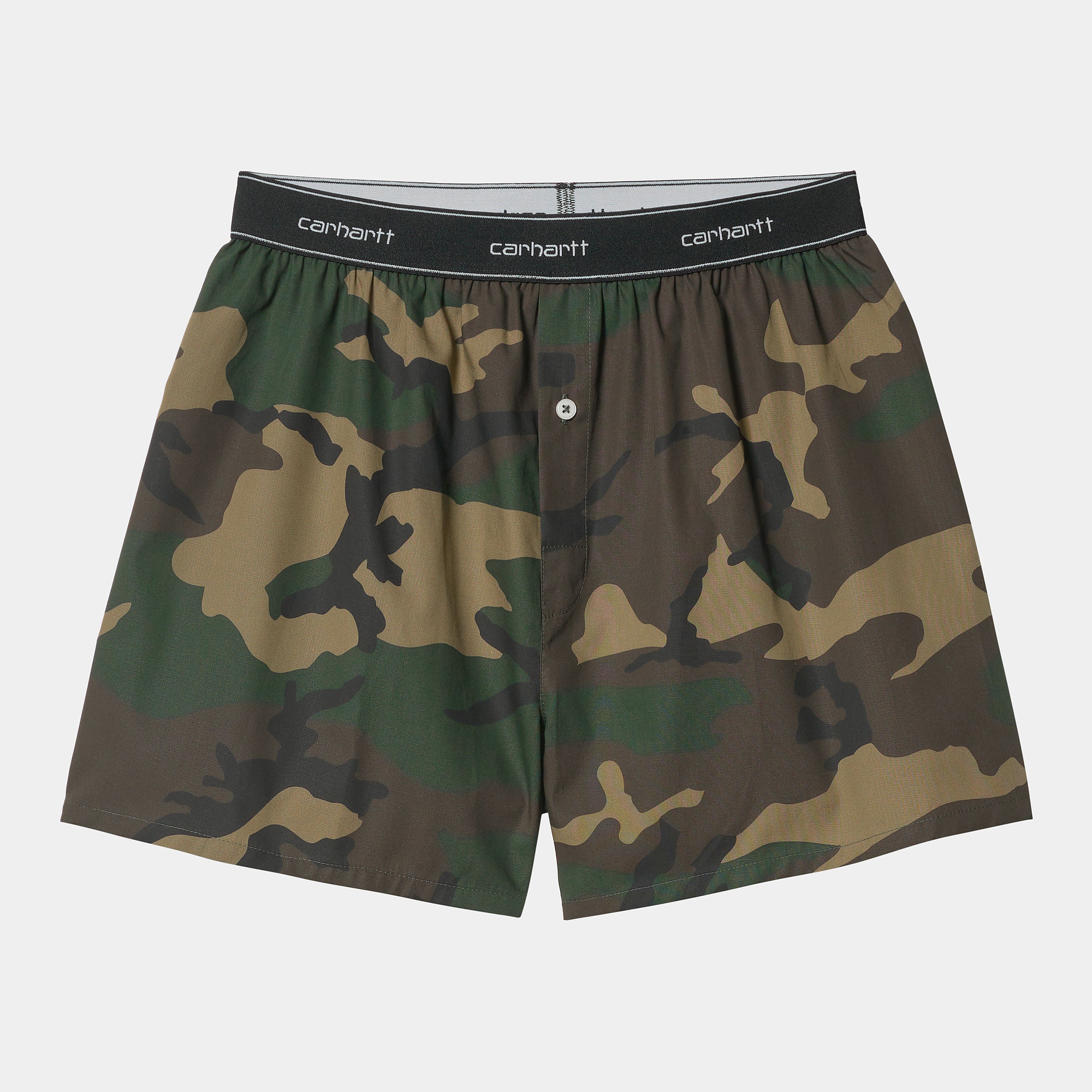 “Camo Carhartt WIP Cotton Script Boxers aus Baumwolle mit grünem Camouflage-Muster und schwarzem elastischem Bund mit Logo.“