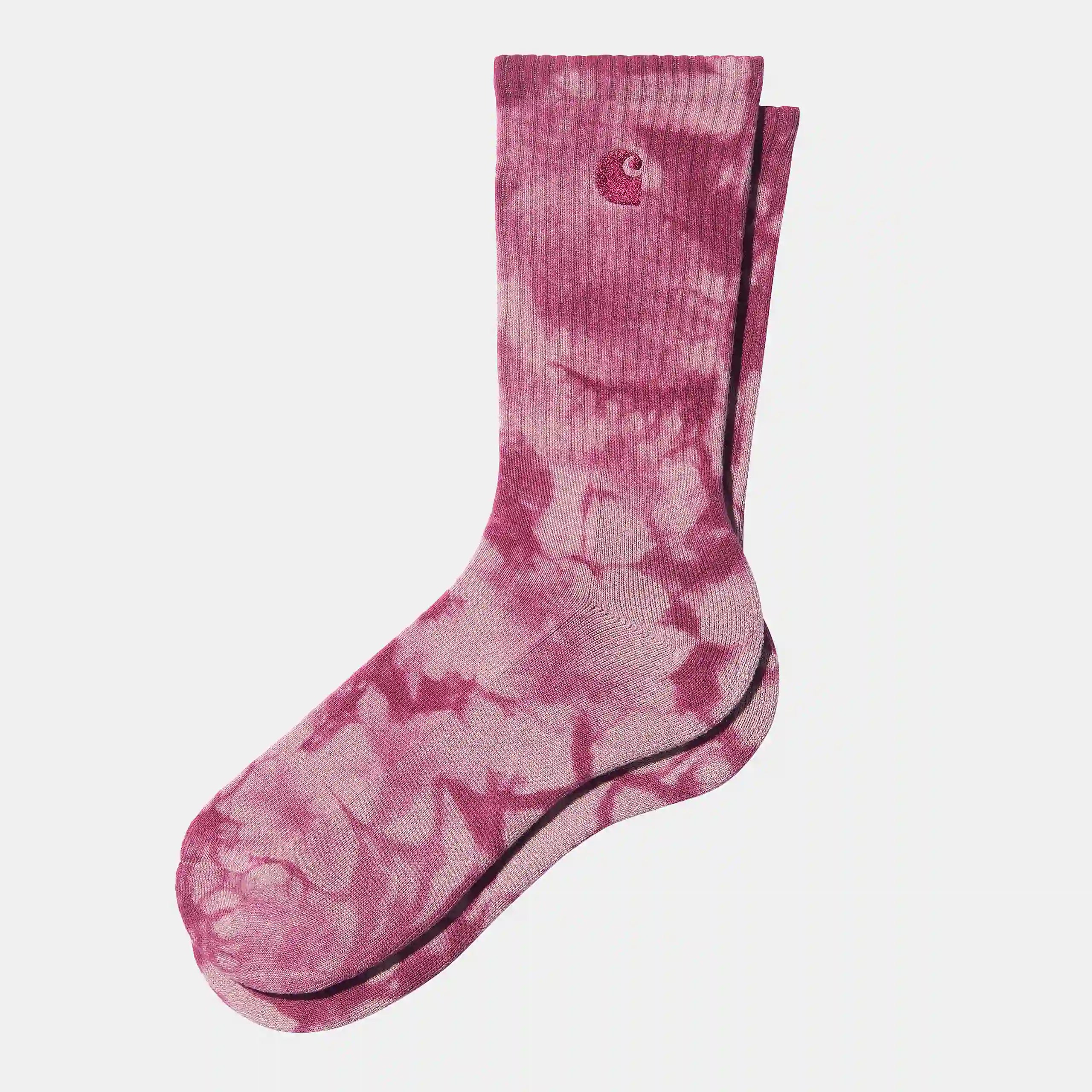 “Pink melierte ("Glassy Pink“) Carhartt WIP Vista Socken mit dunkelroten Details. Knöchelhohe Socken aus Baumwollmischung, gerippter Schaft, verstärkte Ferse und Zehen, kleines, gewebtes Logo-Etikett. Bequeme Alltagssocken.“