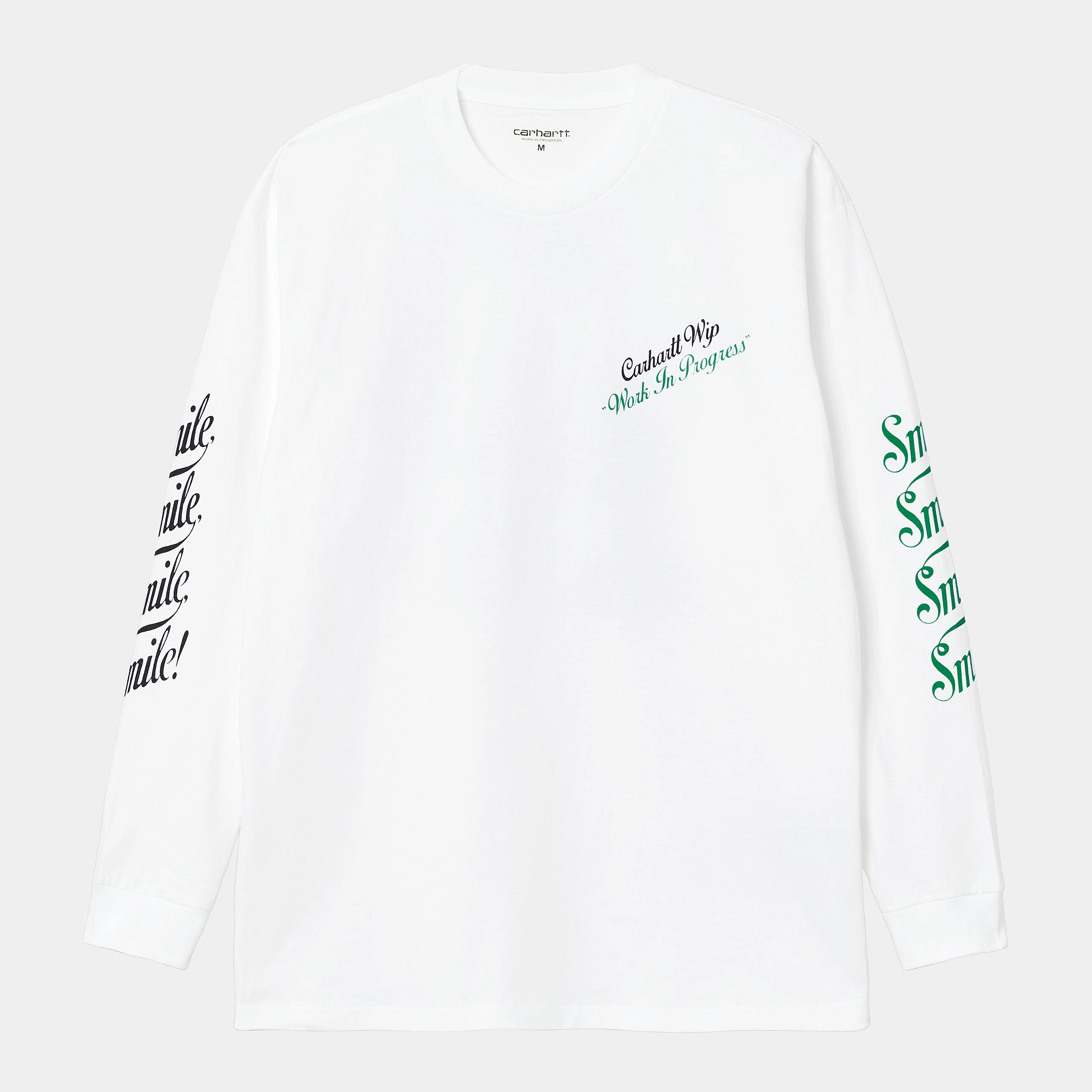 Carhartt WIP L/S Smile T-Shirt – White. Weißes Langarmshirt aus Bio-Baumwolle, mit lockerem Schnitt und kleinem, schwarzem "Smile" Schriftzug auf der Brust.