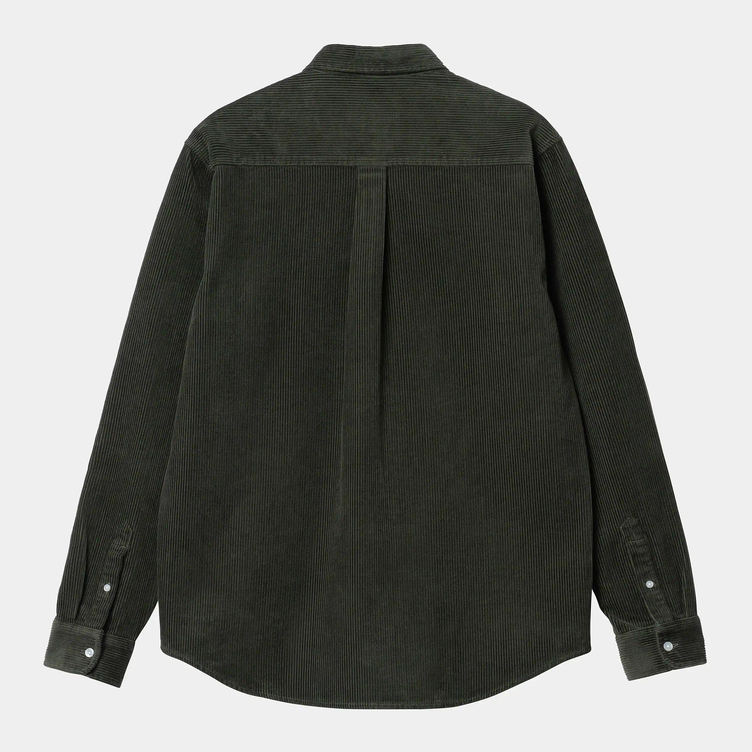 Carhartt WIP L/S Madison Cord Shirt – Plant / Wax. Grünes Corduroy-Hemd, aus Baumwolle, mit Button-Down-Kragen, Logostickerei auf der Brust und abgerundetem Saum.