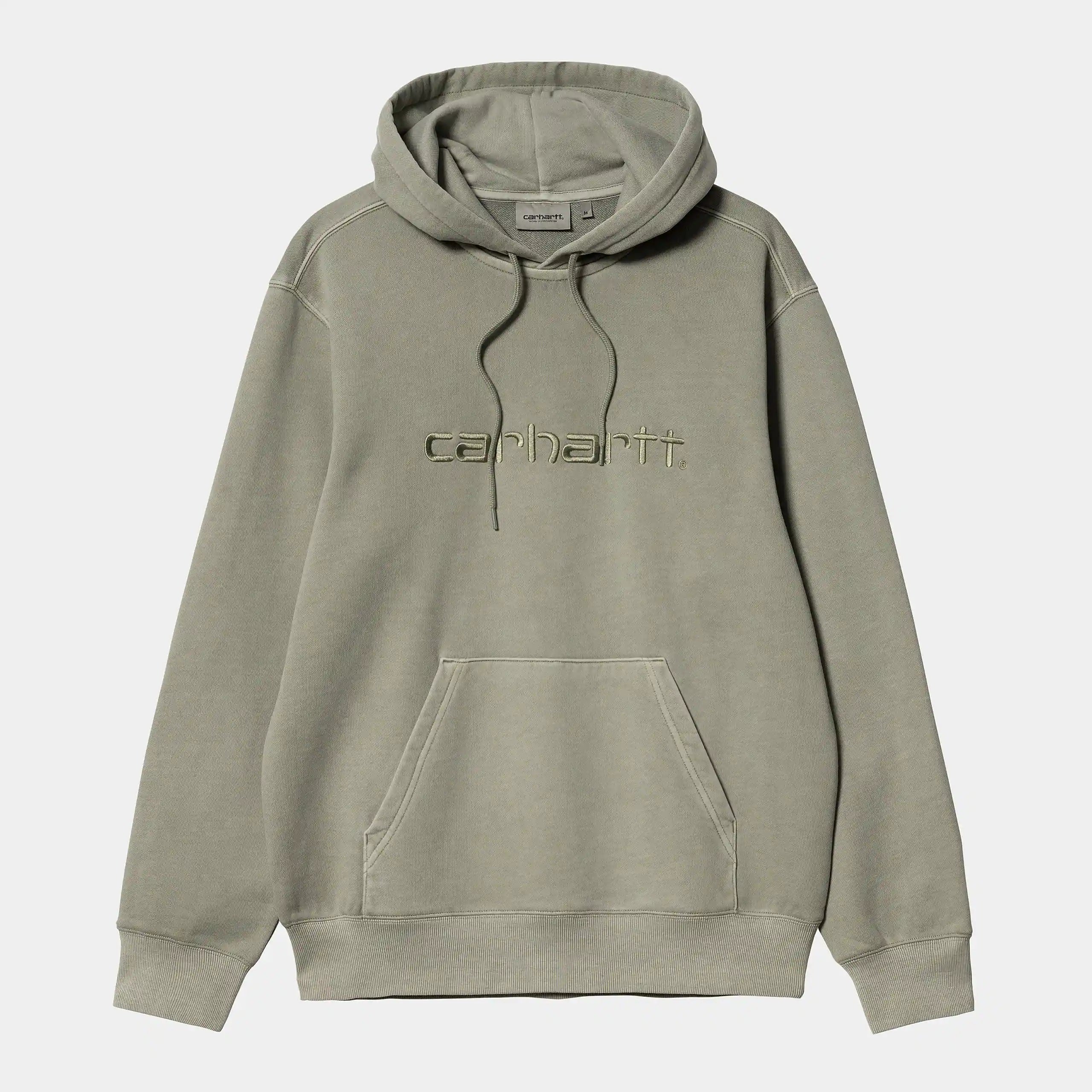 "Carhartt WIP Hooded Duster Sweat – Yucca (garment dyed). Pastellgrüner Hoodie aus schwerem Bio-Baumwoll-Jersey, mit lockerem Schnitt, Kapuze und Carhartt WIP Schriftzug."