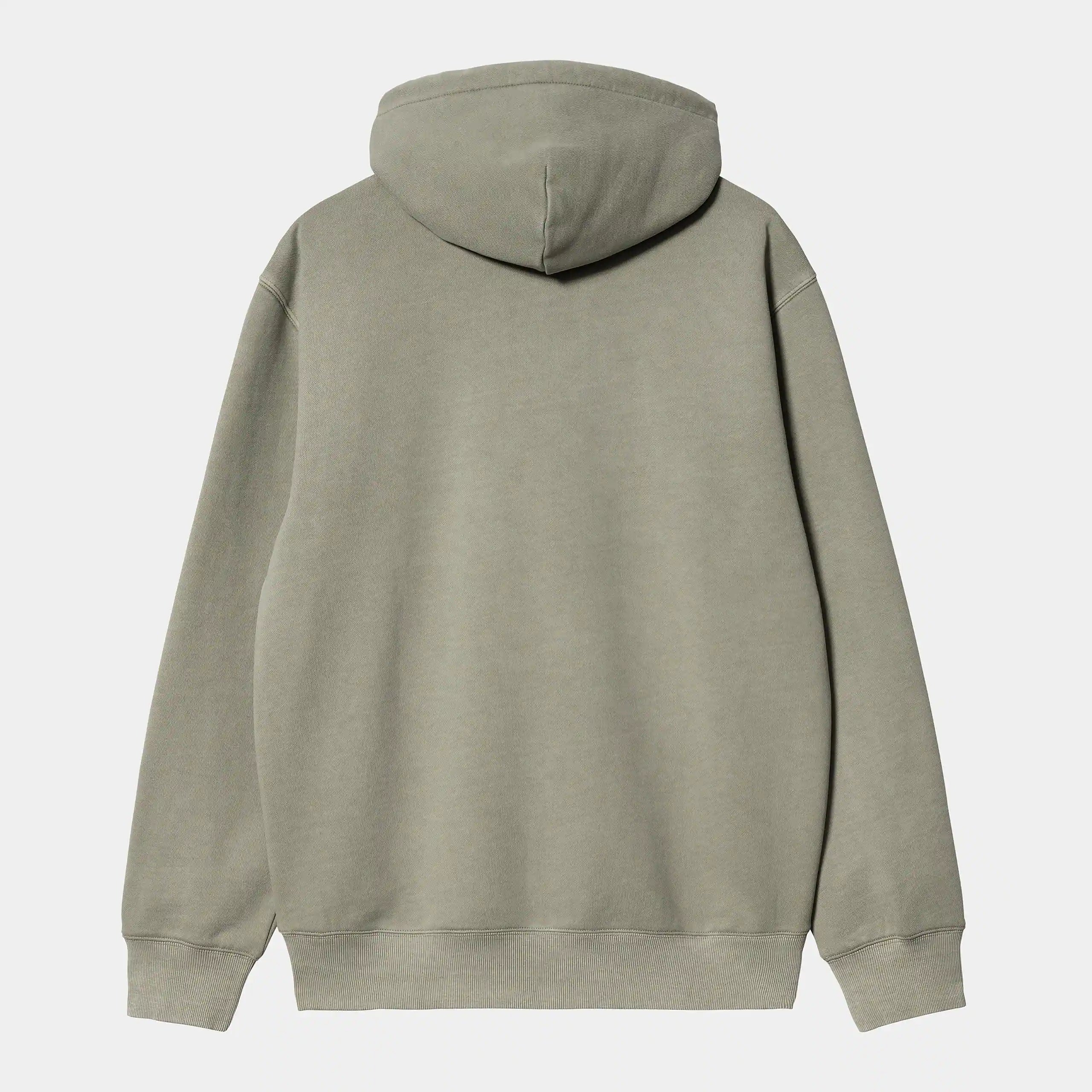 "Carhartt WIP Hooded Duster Sweat – Yucca (garment dyed). Pastellgrüner Hoodie aus schwerem Bio-Baumwoll-Jersey, mit lockerem Schnitt, Kapuze und Carhartt WIP Schriftzug."