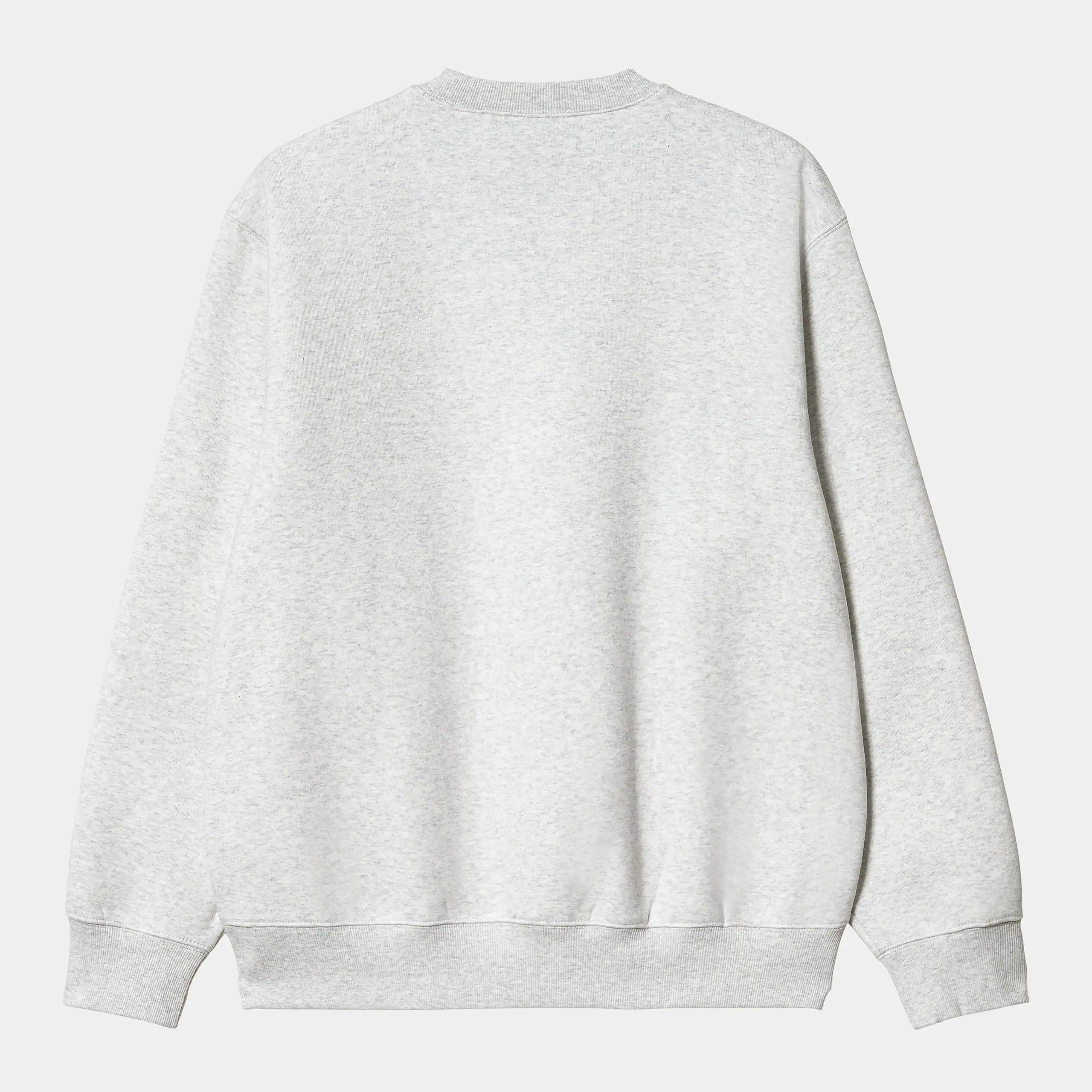 Carhartt WIP Logo Sweatshirt – Ash Heather. Hellgraues Sweatshirt aus Baumwoll-Jersey, mit Rundhalsausschnitt, Bündchen und großem, gesticktem Carhartt WIP Schriftzug auf der Brust.