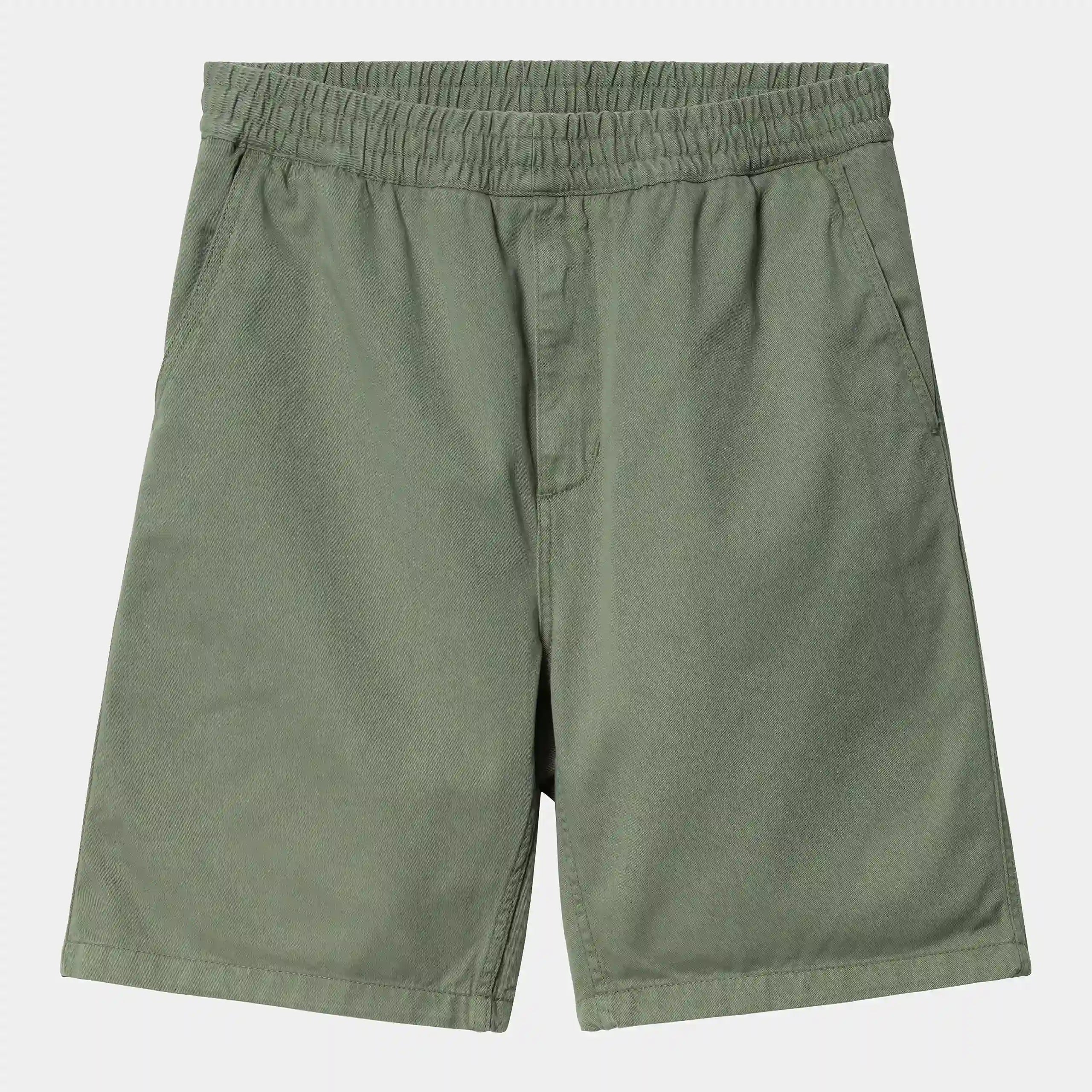 „Carhartt WIP Flint Short Park (Dunkelgrün) – Garment Dyed Baumwoll-Shorts mit elastischem Bund & Kordelzug bei Stickabush Berlin.“