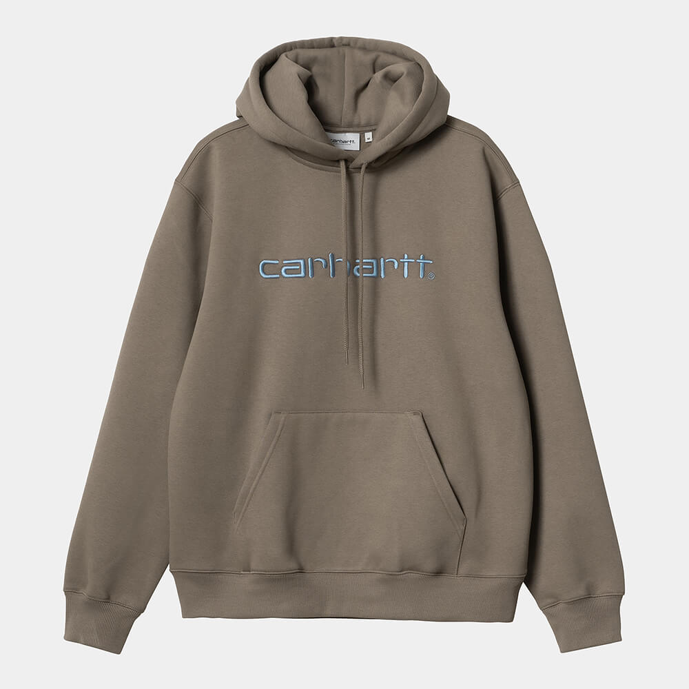"Carhartt Hooded Script Sweat in Barista/Mirror, Baumwollmischung, Kapuze, Logo-Schriftzug, braun mit hellblauen Schriftzug."