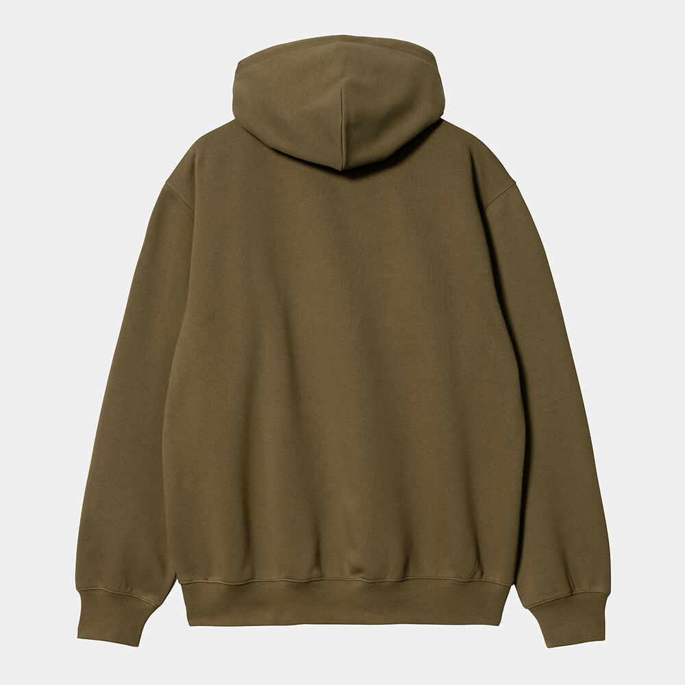 "Carhartt Hooded Script Sweat in Highland/Cassis, Baumwollmischung, Kapuze, Logo-Schriftzug, olivgrün mit lilafarbenem Schriftzug."