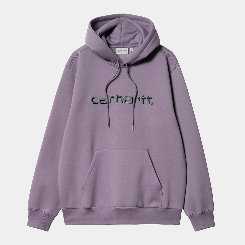 "Carhartt Hooded Script Sweat in Glassy Purple, I030547_1TF_XX, carhartt hoodie aus einer Baumwollmischung, Kapuze, Logo-Schriftzug, leuchtender, violetter Hoodie."